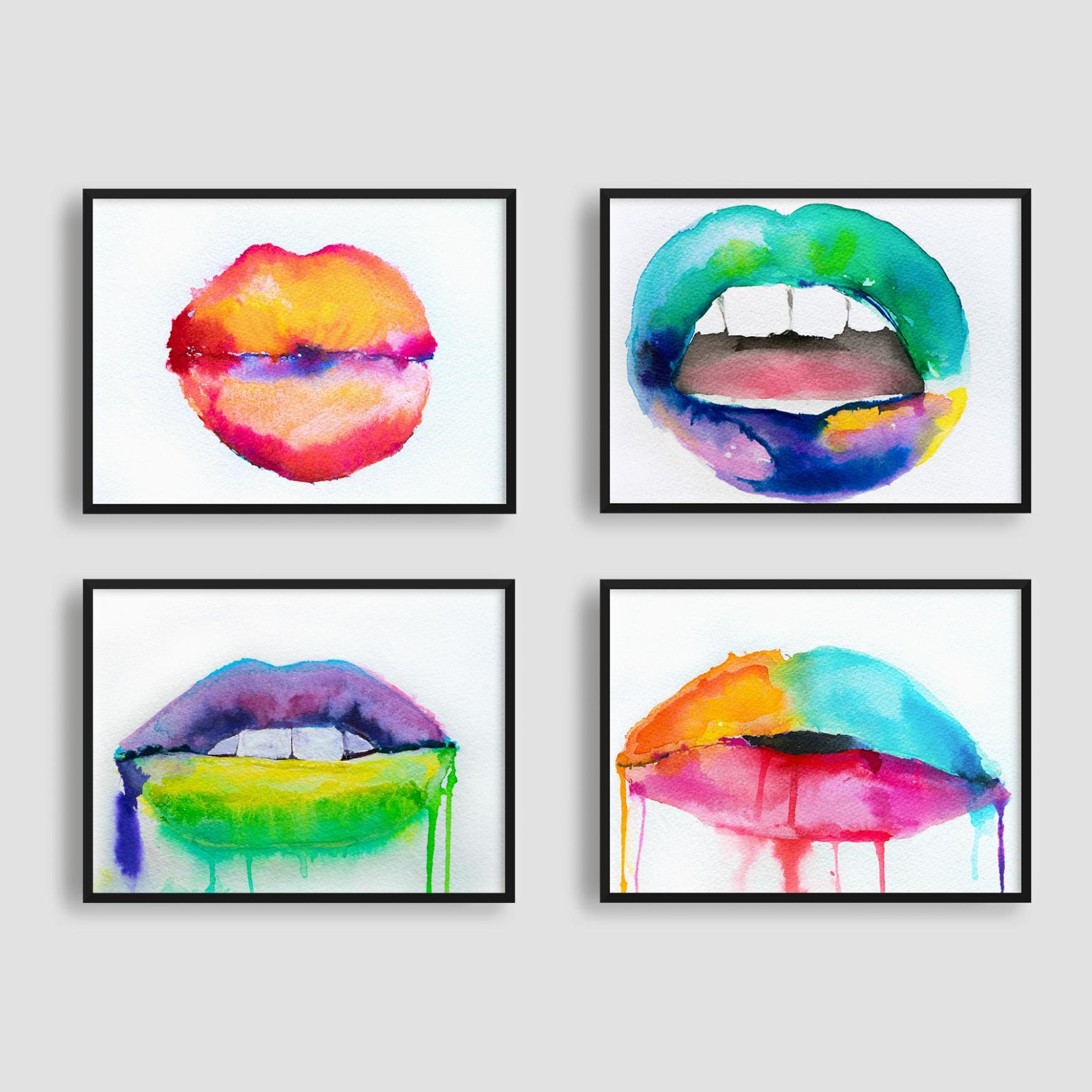 Series of Lips features four bold watercolor paintings of lips in vivid hues, displayed as a vibrant, modern pop-inspired wall grid.