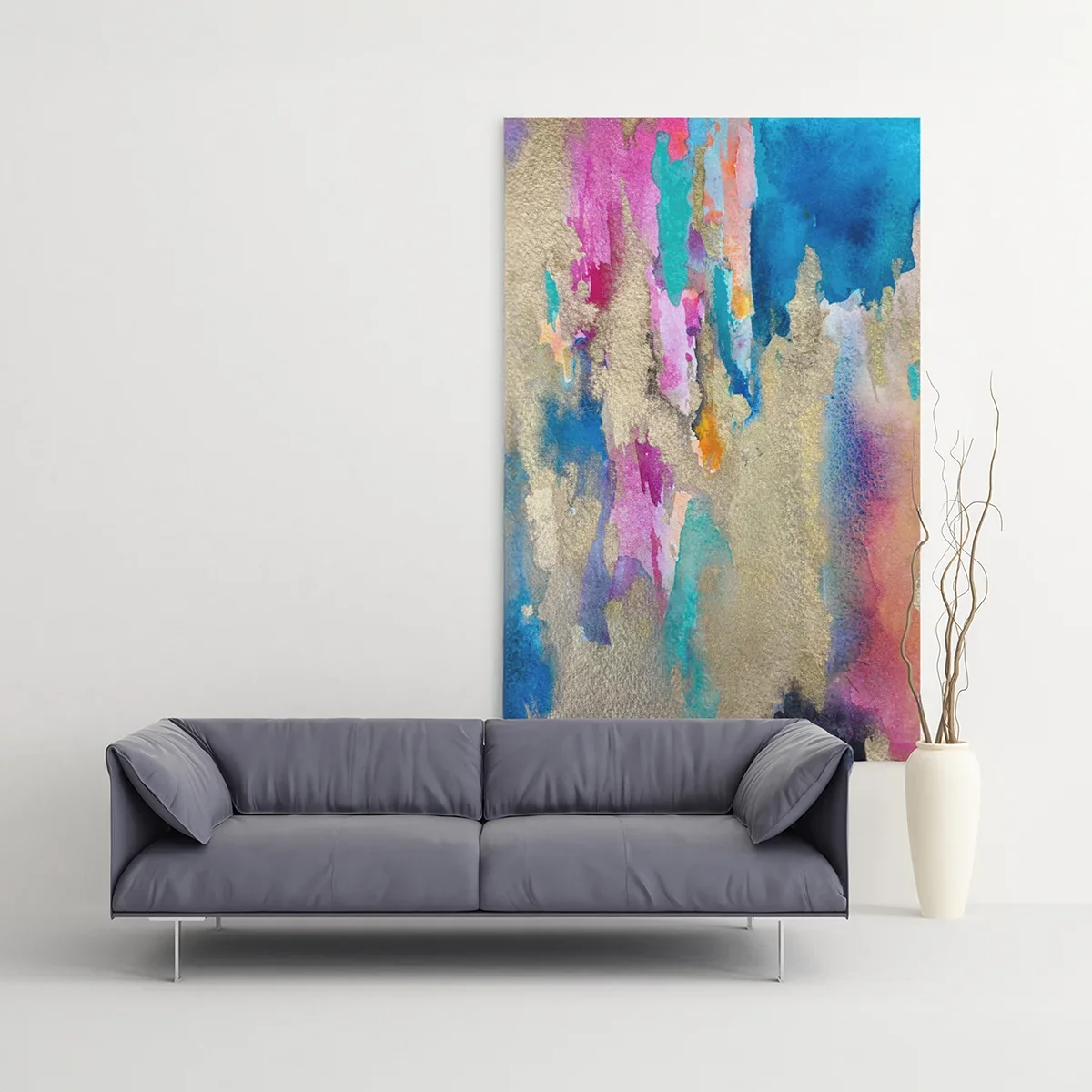Large abstract painting with gold texture and blue and pink watercolor tones displayed above a modern sofa by Nick Horvath.