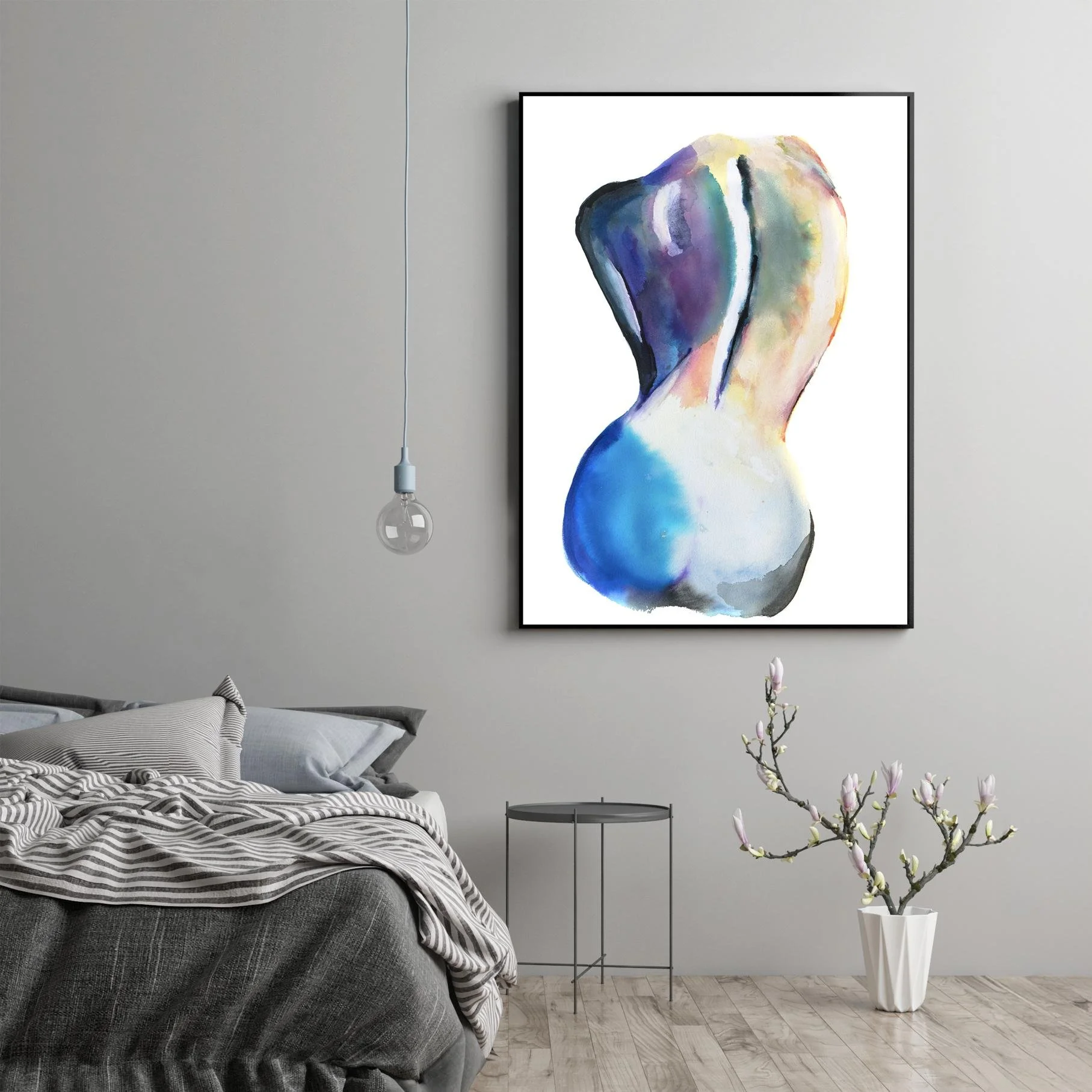 “Baby Back” hanging in a stylish, modern bedroom with a soft color palette and clean-lined furnishings, complementing the soft flow of the watercolor strokes.