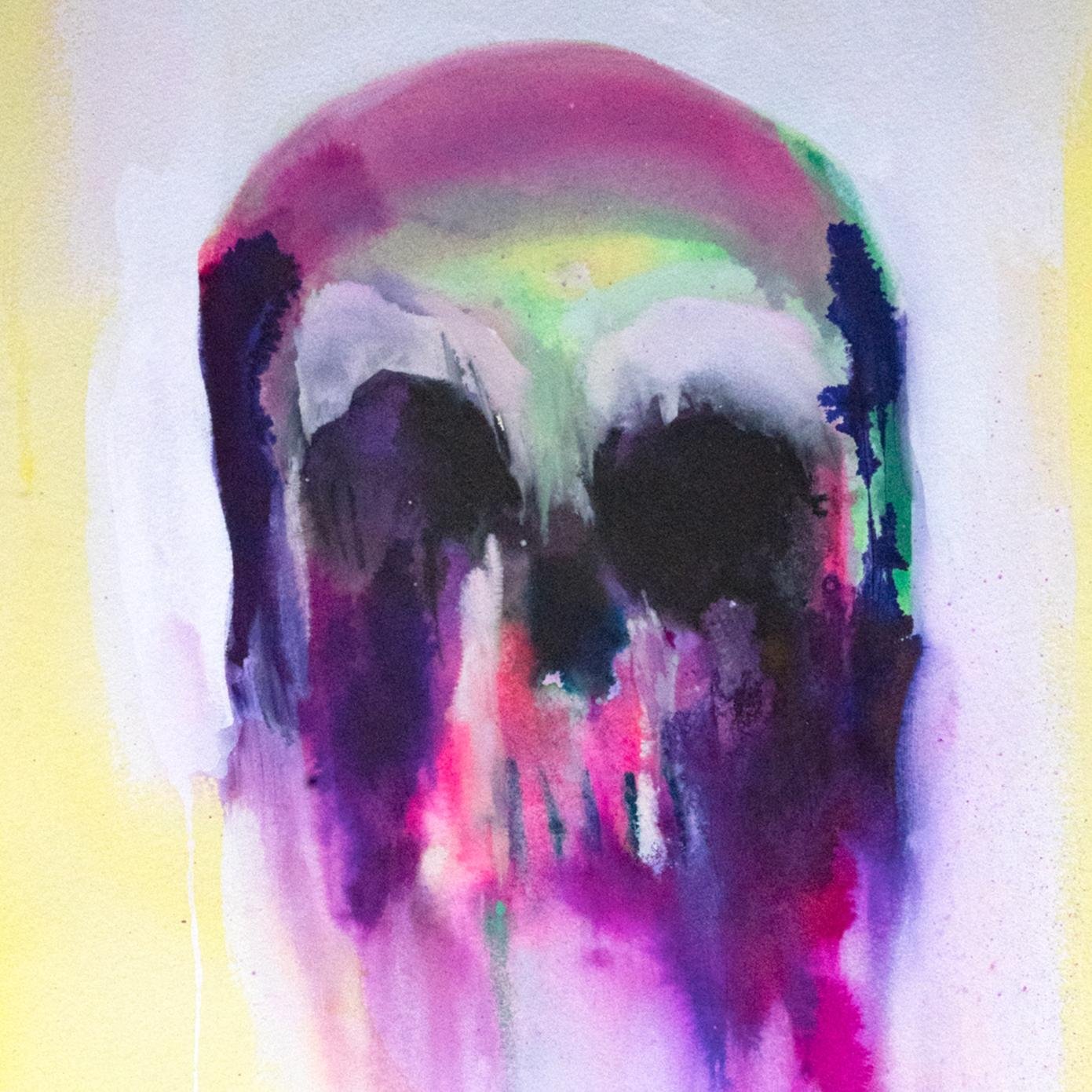 Detailed close-up of the skull’s upper section, highlighting the layered washes of violet, black, and hints of green with expressive brush textures and drips.