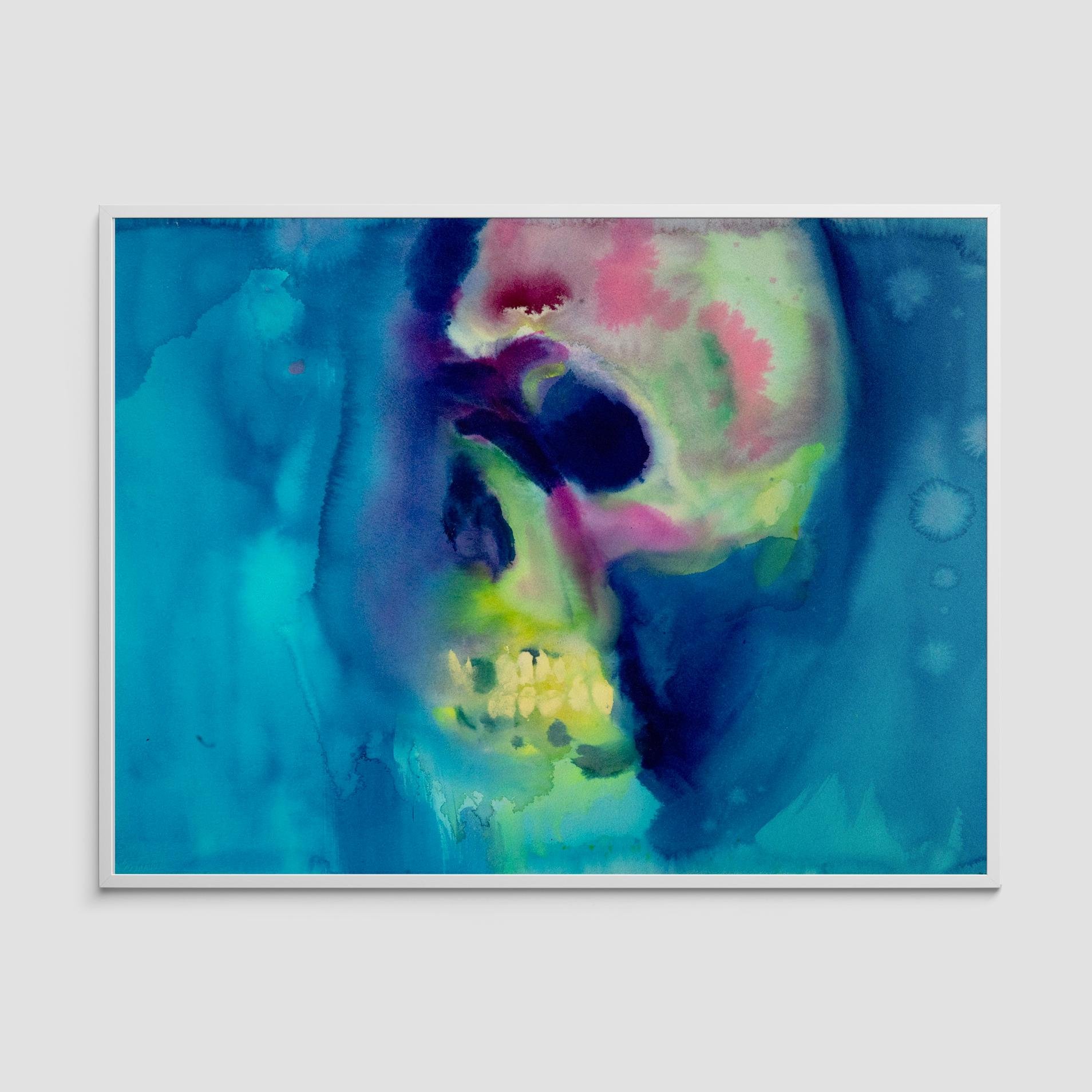 Abstract watercolor skull with neon green, blue, and pink hues, submerged in a fluid, aquatic background.