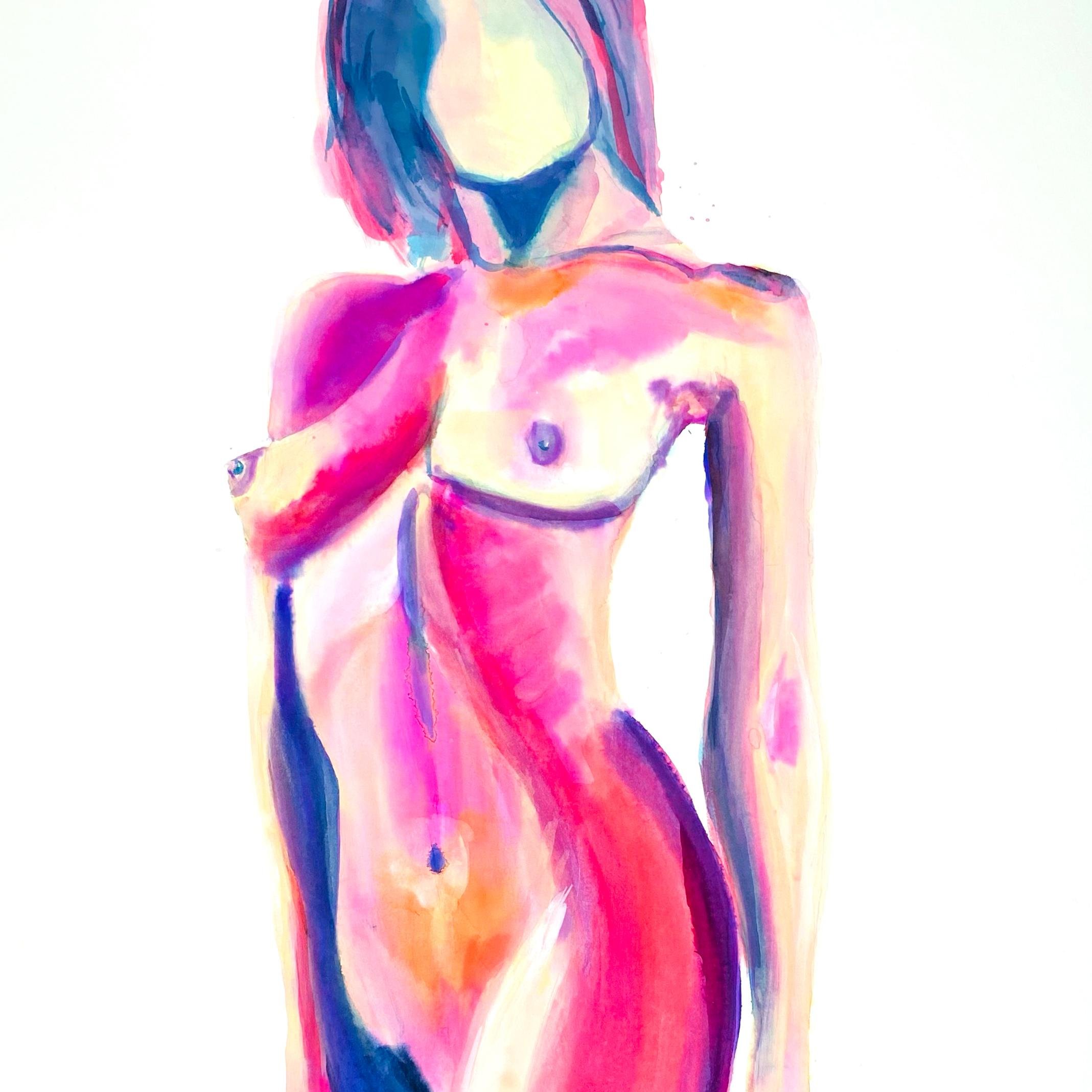 Close-up of "Seria" painting highlighting expressive brushstrokes and vibrant contours of the nude female form.