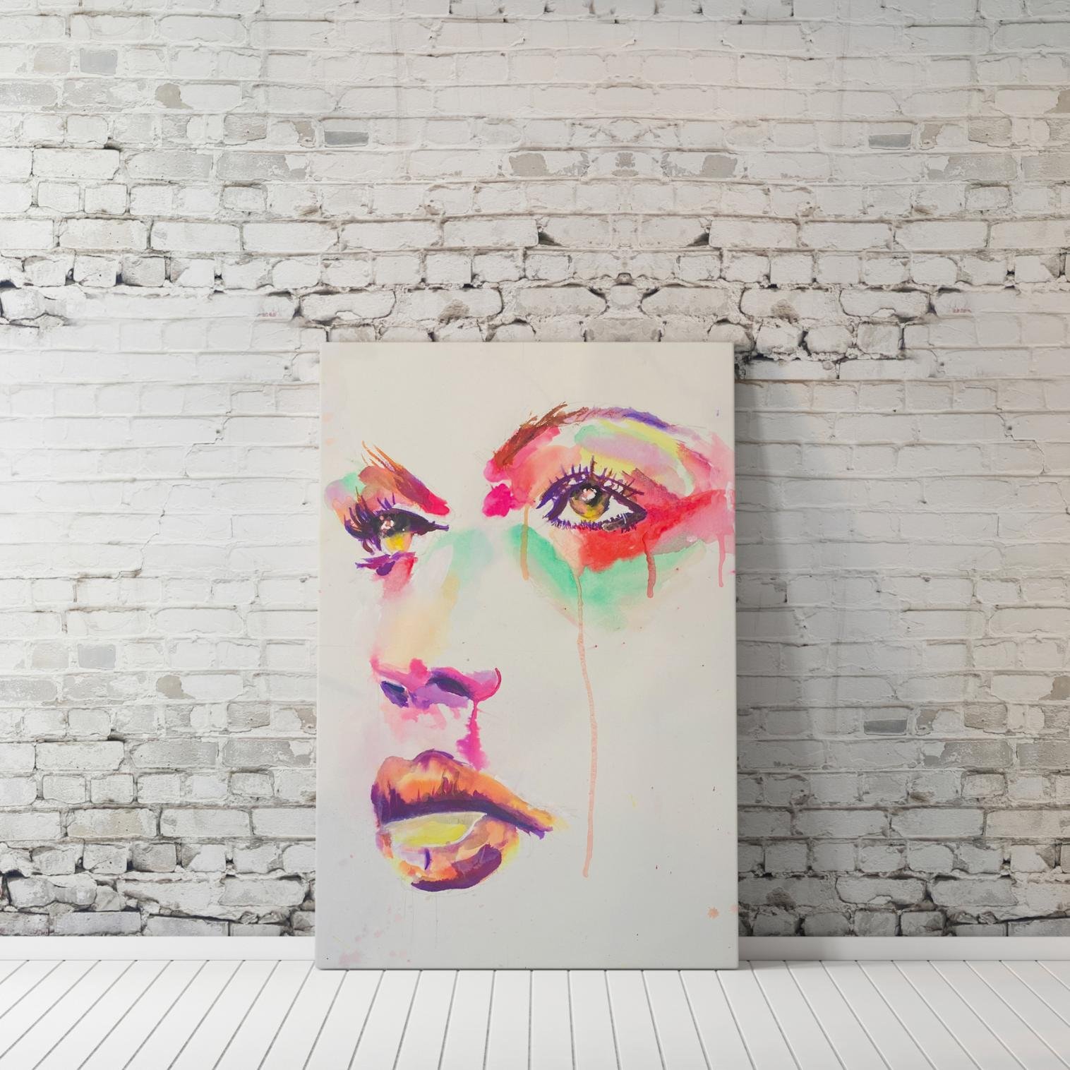 Striking female portrait with glistening eyes and juicy lips, painted in lush, tropical tones on a soft white background.