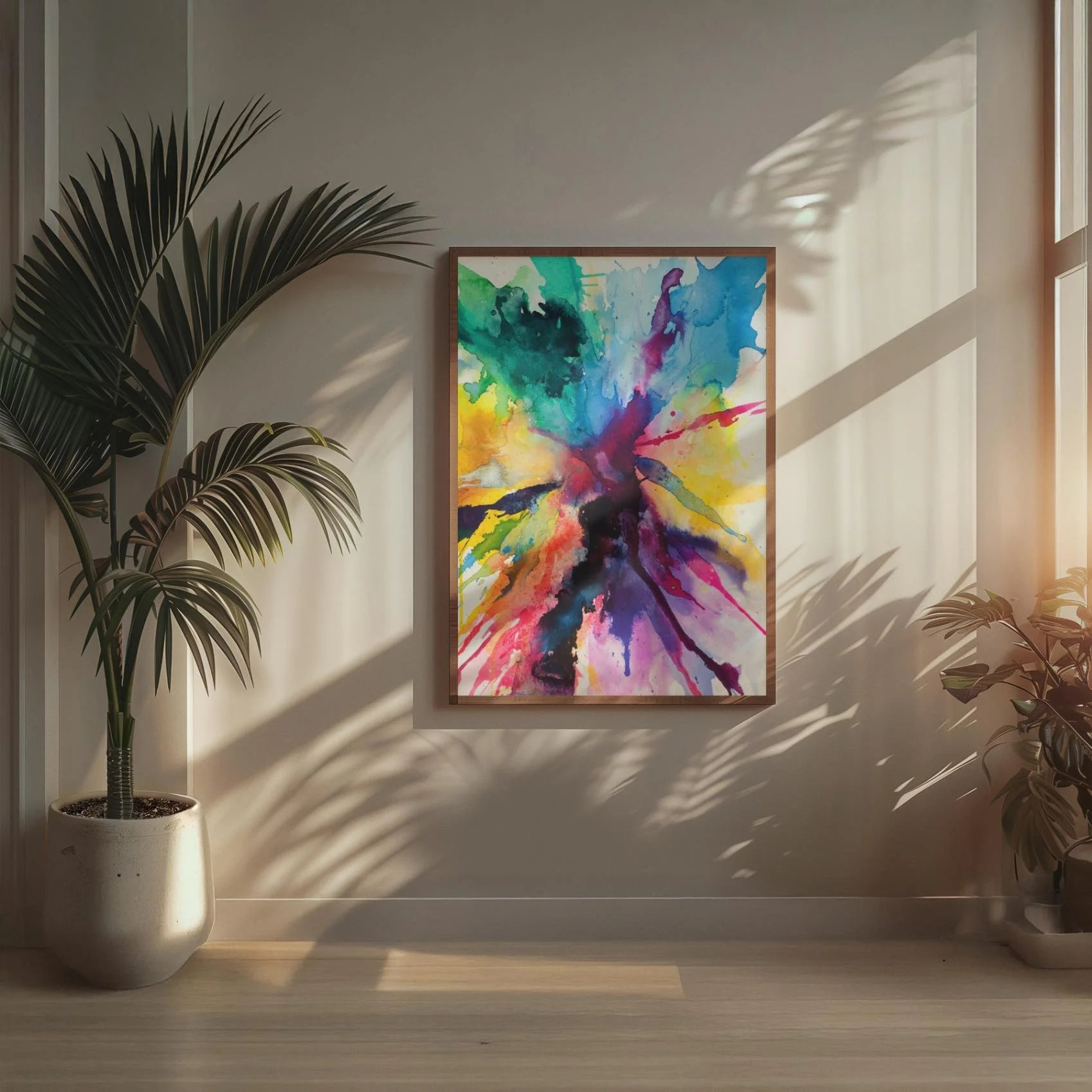 The colorful painting hangs in a minimalist room with sunlight casting shadows from nearby plants, emphasizing the bold contrasts of the artwork’s colors.