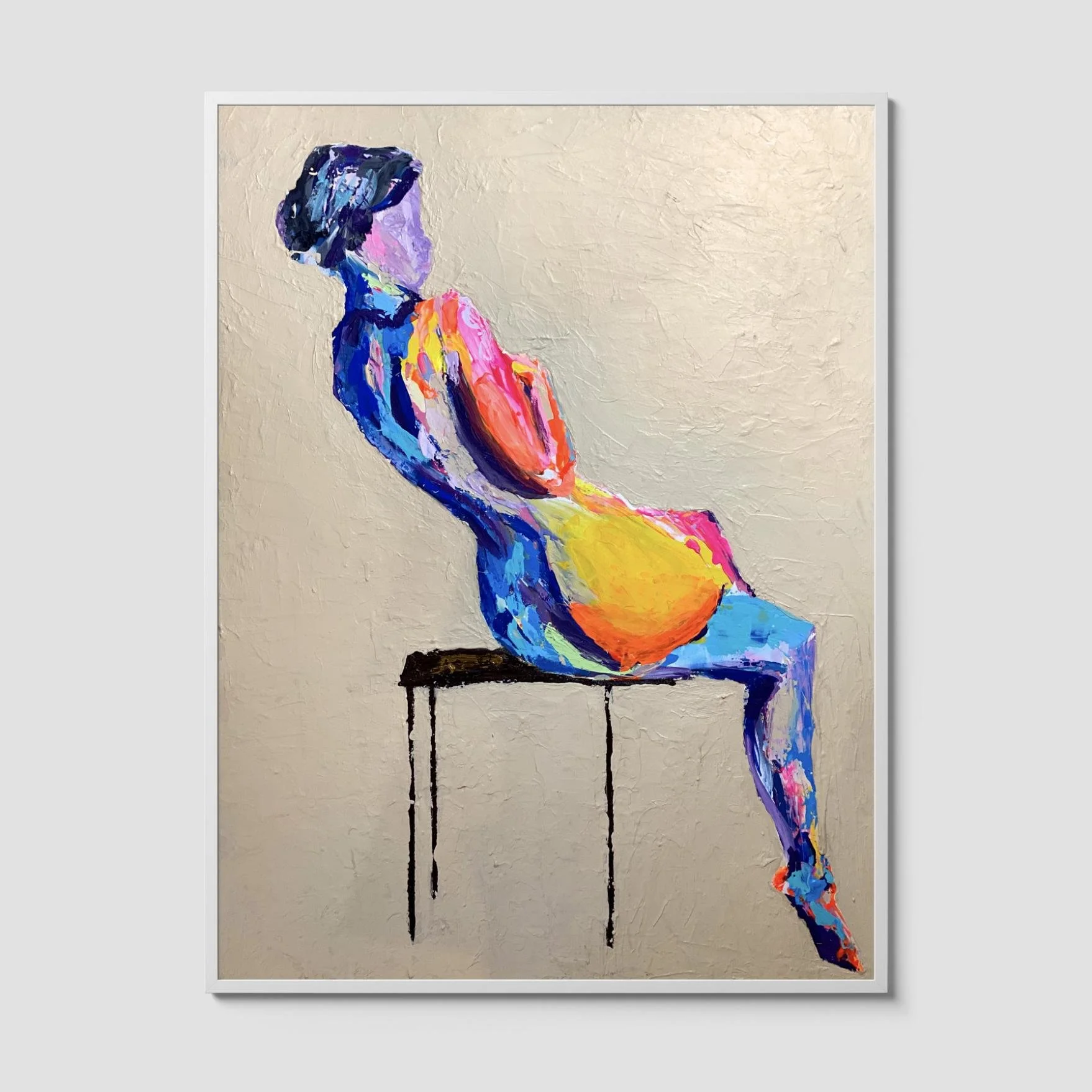 Colorful abstract painting of a seated female figure in vibrant blue, orange, and yellow tones with textured brushstrokes on a neutral background.