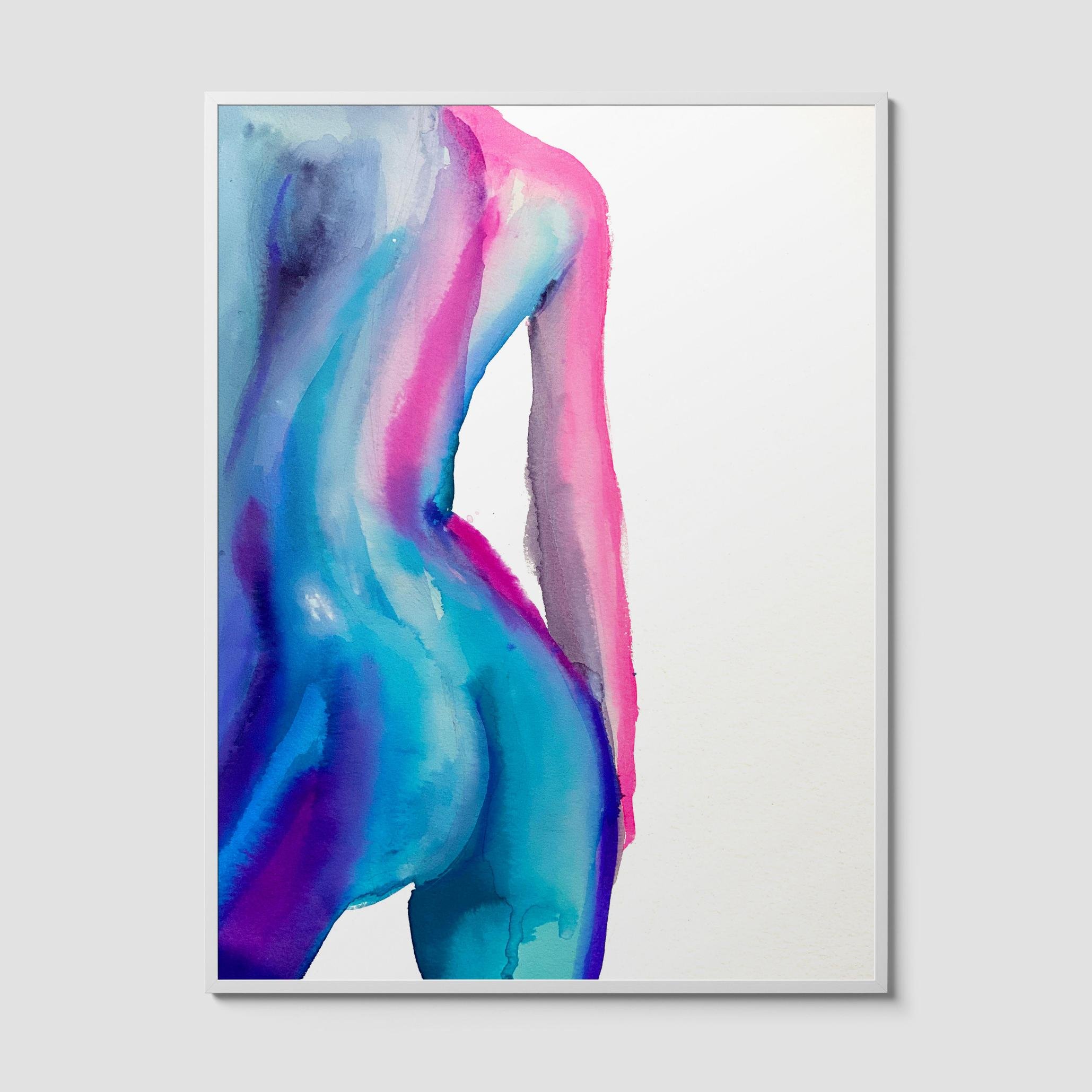 Full view of “Aqua Back,” a vibrant watercolor painting of a nude back in cool blues, purples, and hot pinks with fluid gradients and a minimalist white background.