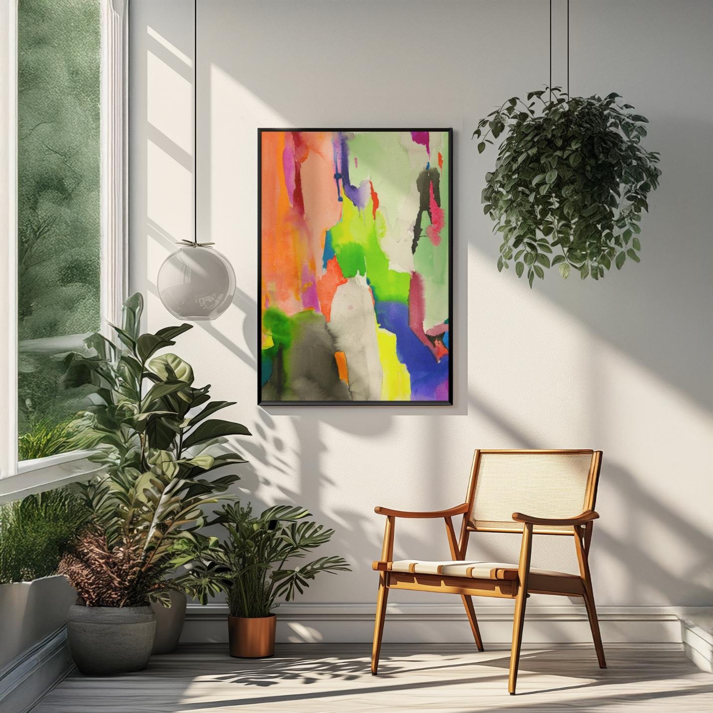 Color Cracks glows in a sun-drenched corner framed by plants and warm light, creating an inviting and artistic atmosphere with soft color transitions.