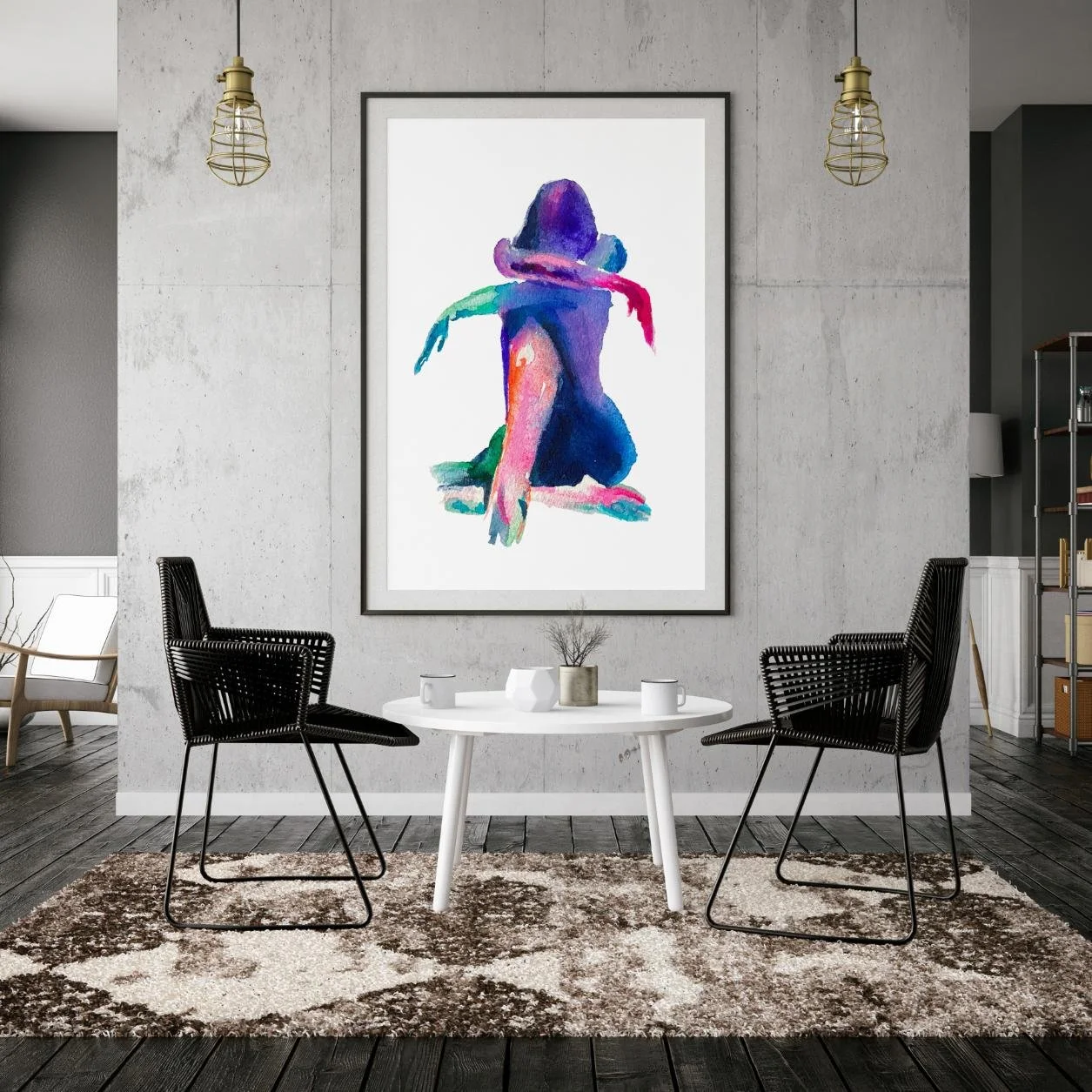 Large framed “Resting” nude painting enhances a modern living space with its vibrant watercolor palette and emotional calm.