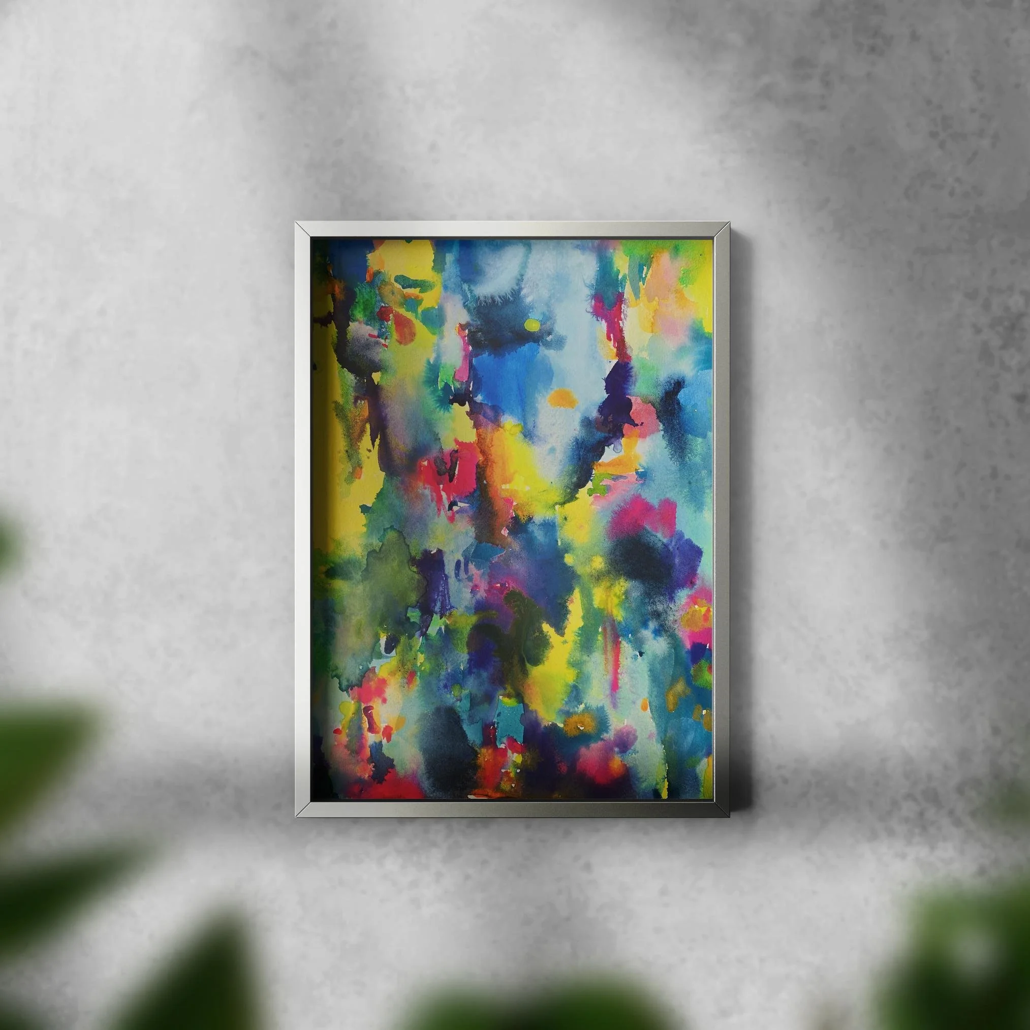 This radiant watercolor dances across cool concrete, glowing with layered blends of deep blue, golden yellow, hot pink, and lush green.