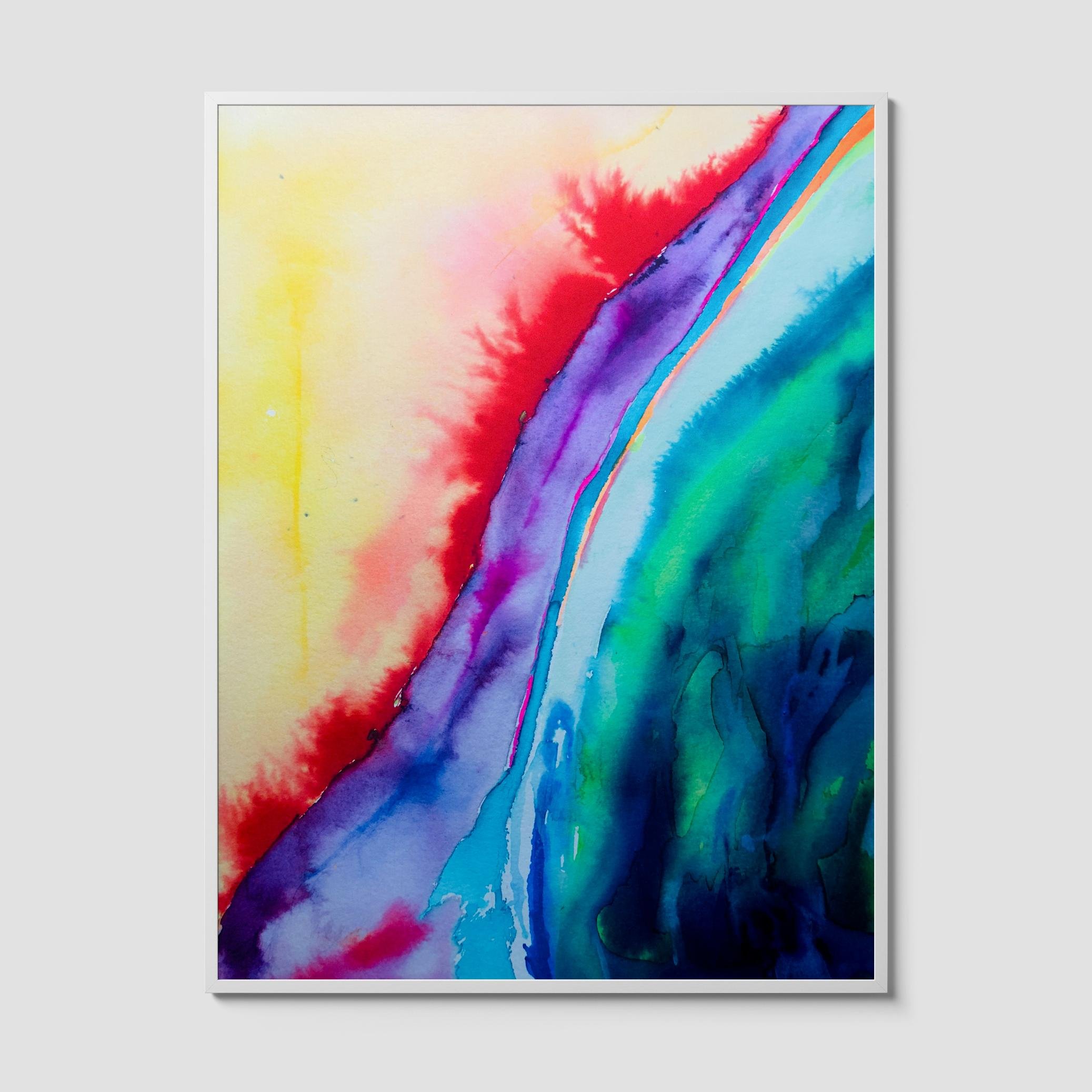Vibrant abstract watercolor art print with bold red, green, blue, and yellow tones in a fluid, organic design.