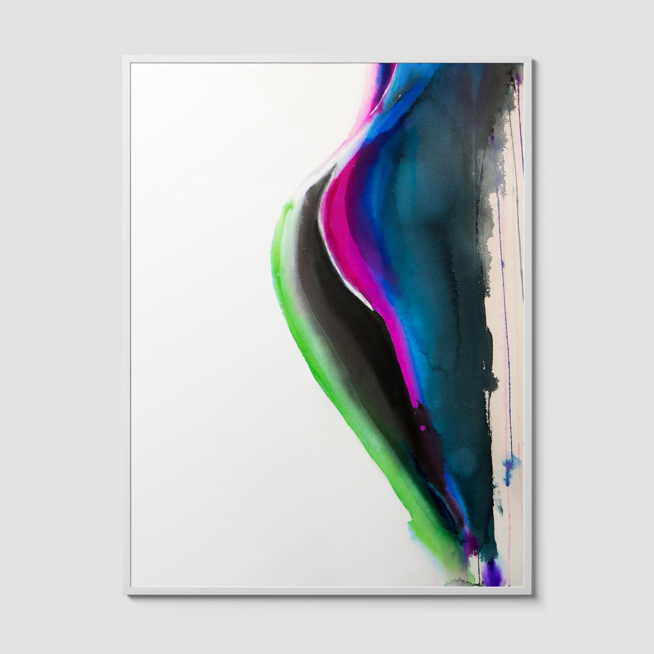 Abstract watercolor of a female form in vivid magenta, black, green, and blue hues flowing on white, evoking sensuality and motion.