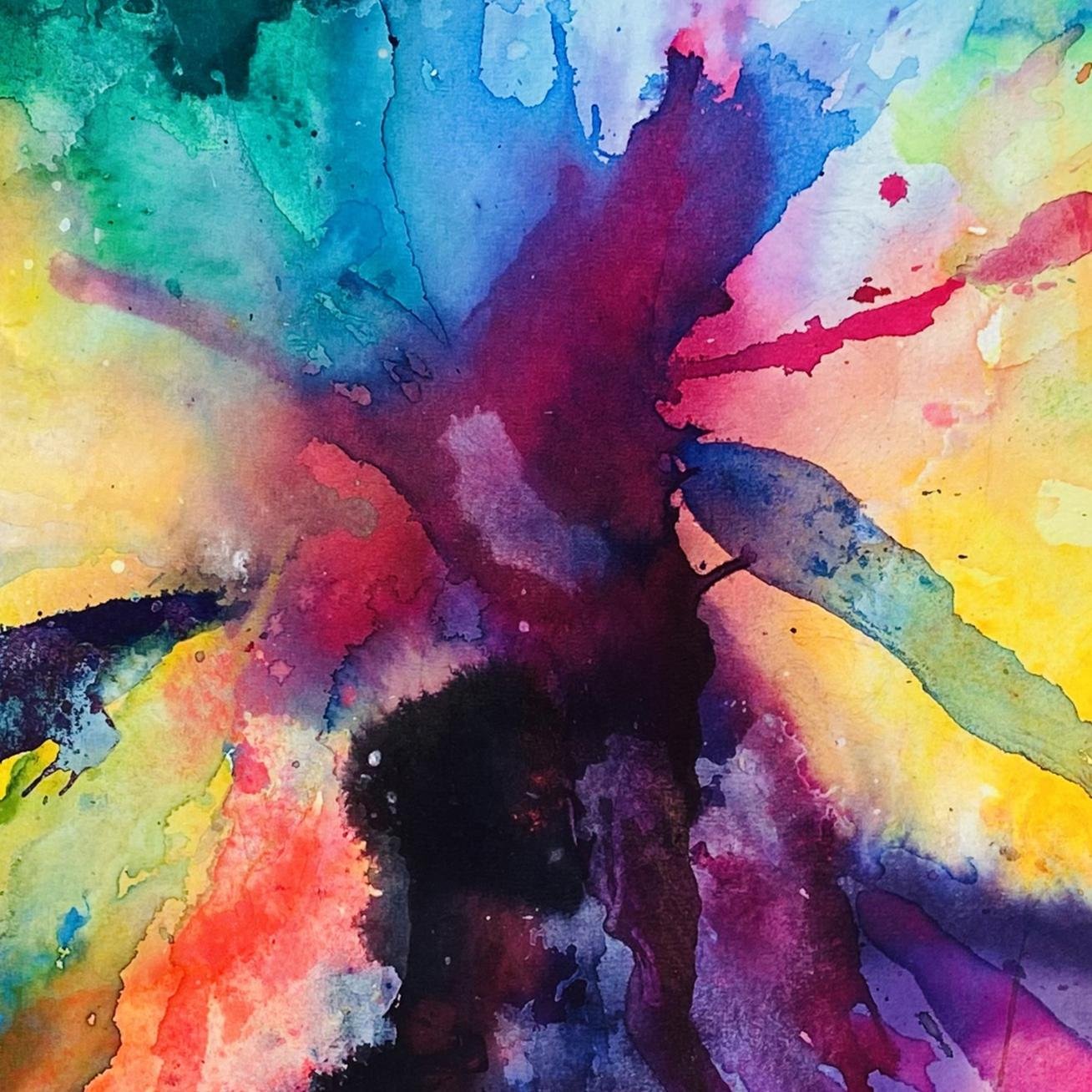 Close-up of the center of the abstract watercolor painting, highlighting the texture and layered hues of magenta, indigo, and deep violet blending with bright yellow and green.