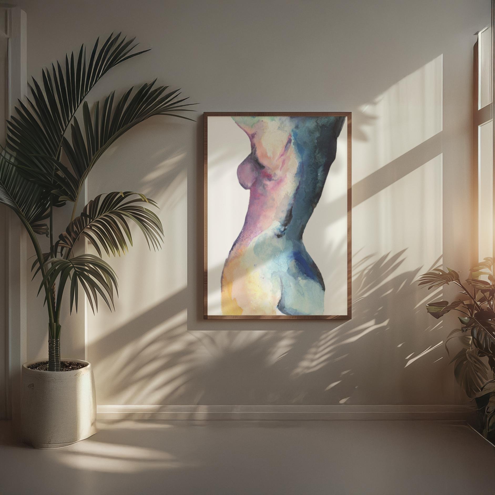 Blue Pink Back painting displayed in a sunlit room with potted plants, casting soft shadows on the wall and enhancing the serene, artistic ambiance.