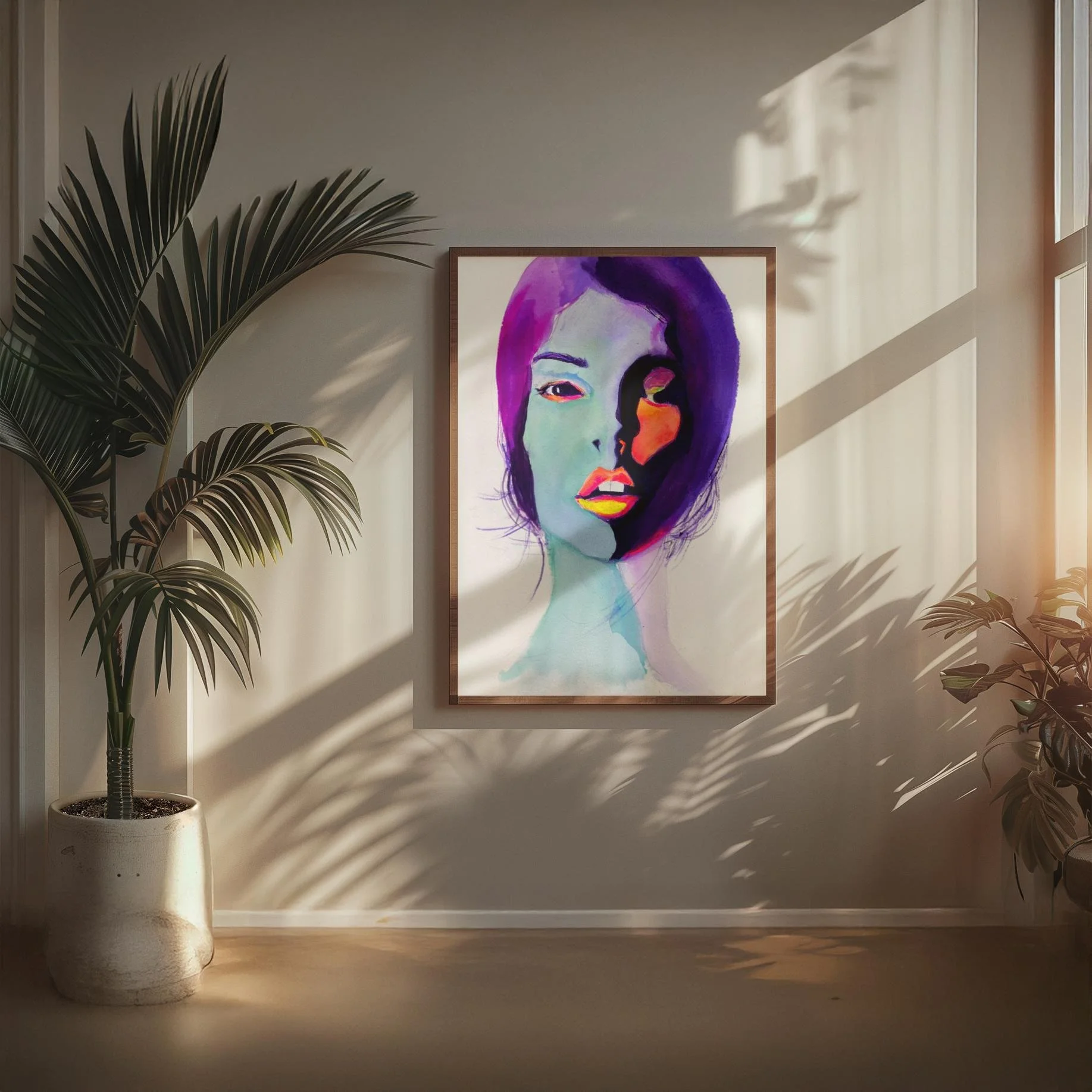 Abstract portrait blending vibrant purples, turquoise, and fiery oranges, with soft features and a surreal split-face effect.