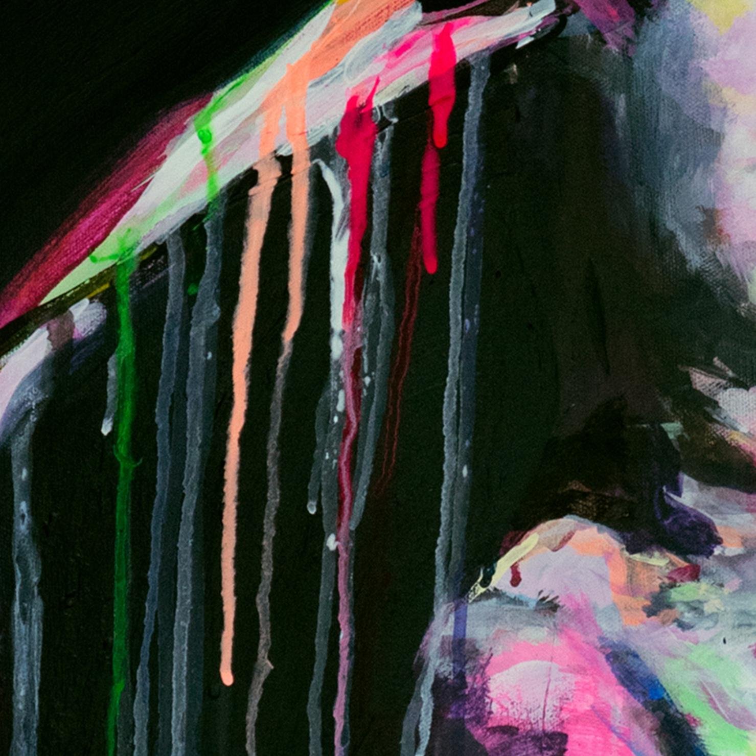 Close-up detail of vibrant paint drips cascading from the shoulder of a glowing kneeling figure, showing textured brushstrokes in red, peach, green, and white.