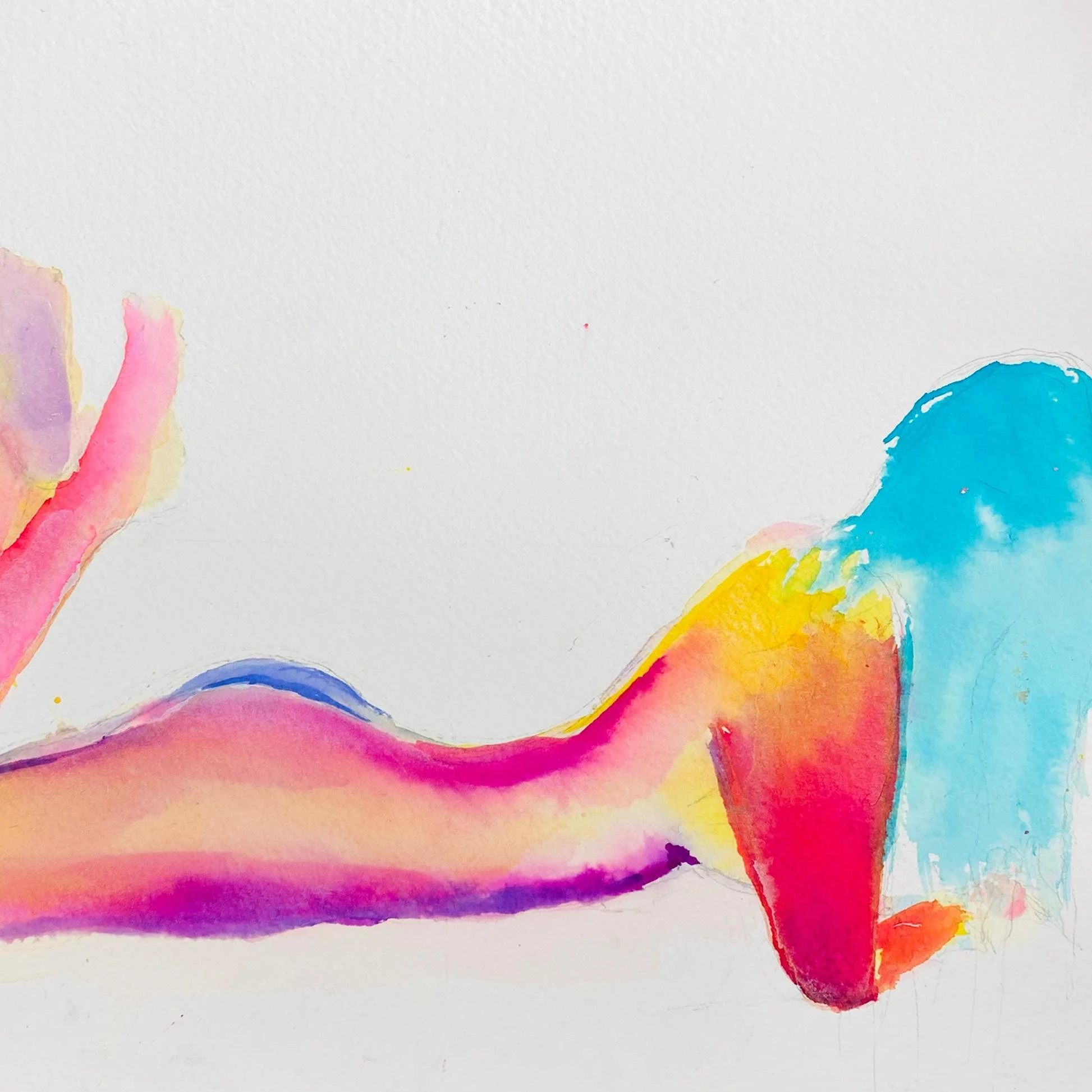 Close-up detail of a vibrant nude watercolor painting with saturated pinks, yellows, and blues emphasizing the flowing form and texture of the brushwork.