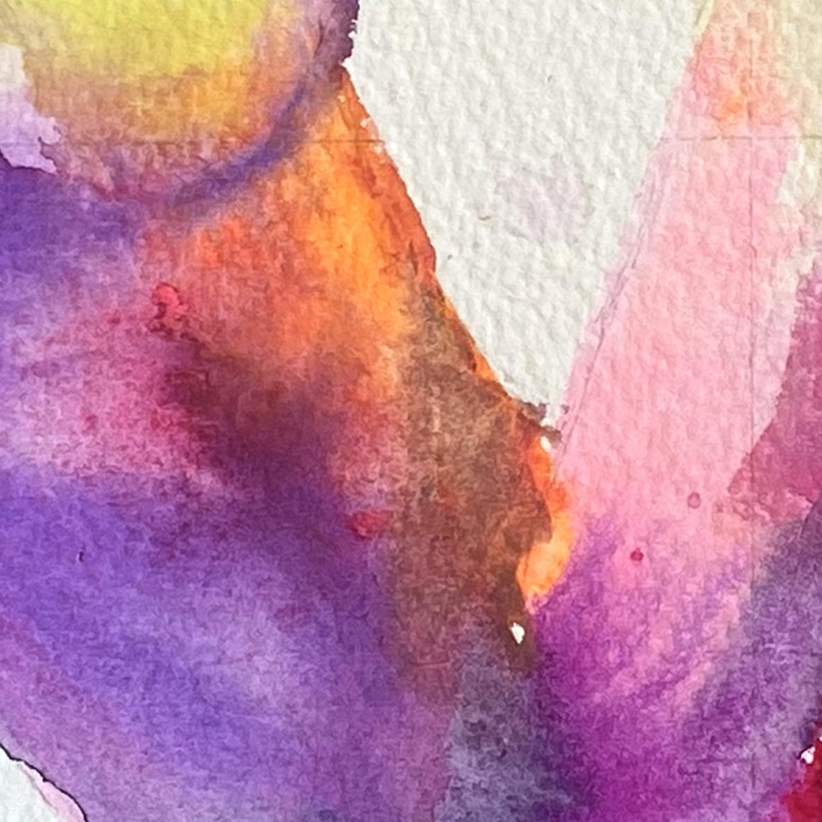 Flower – Close-up detail of a watercolor painting highlighting rich textures and warm tones around the figure’s torso, showing brushstroke granulation.