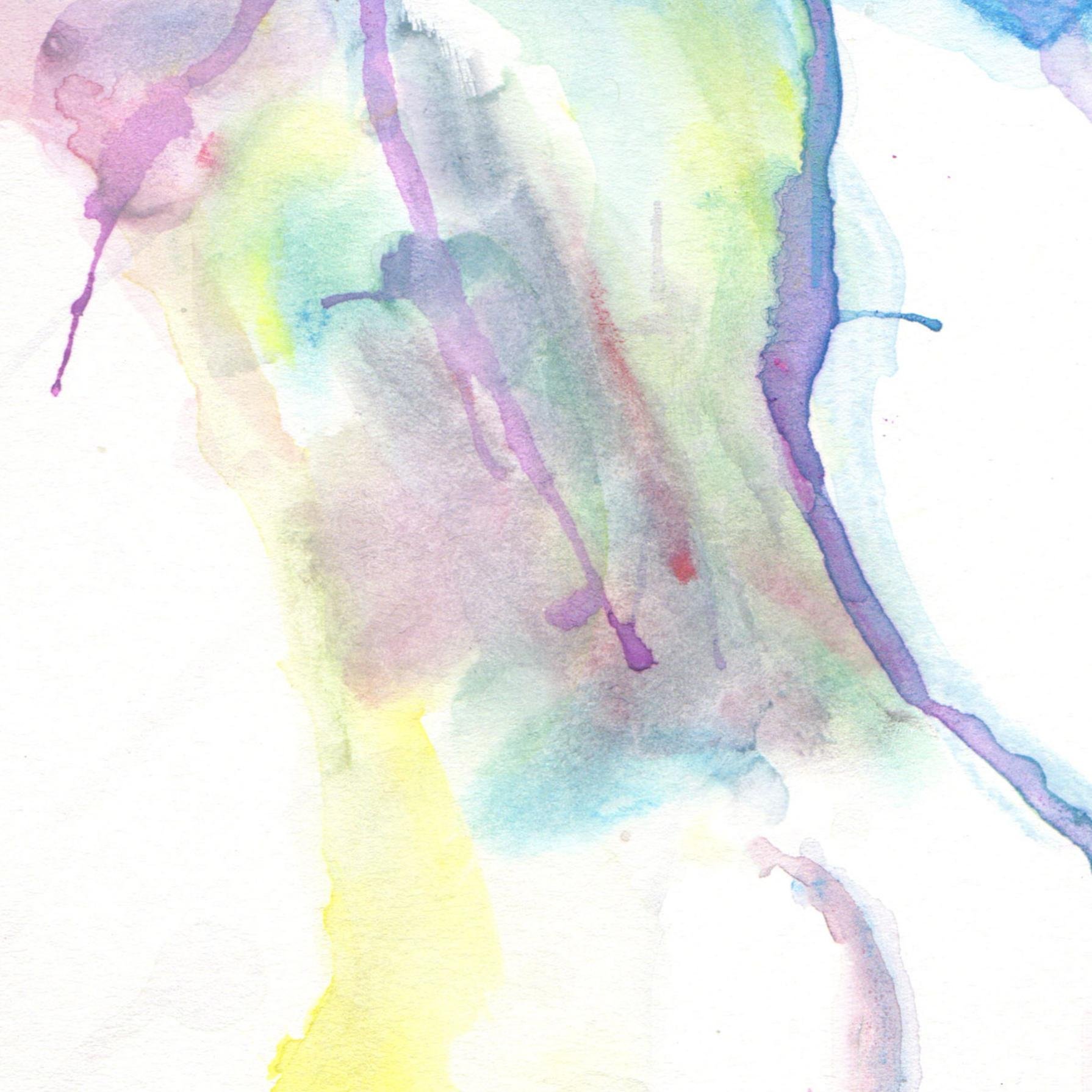 Close-up view of the "Body" painting reveals layered washes of purple, green, and blue watercolor blending softly in an abstract torso section.