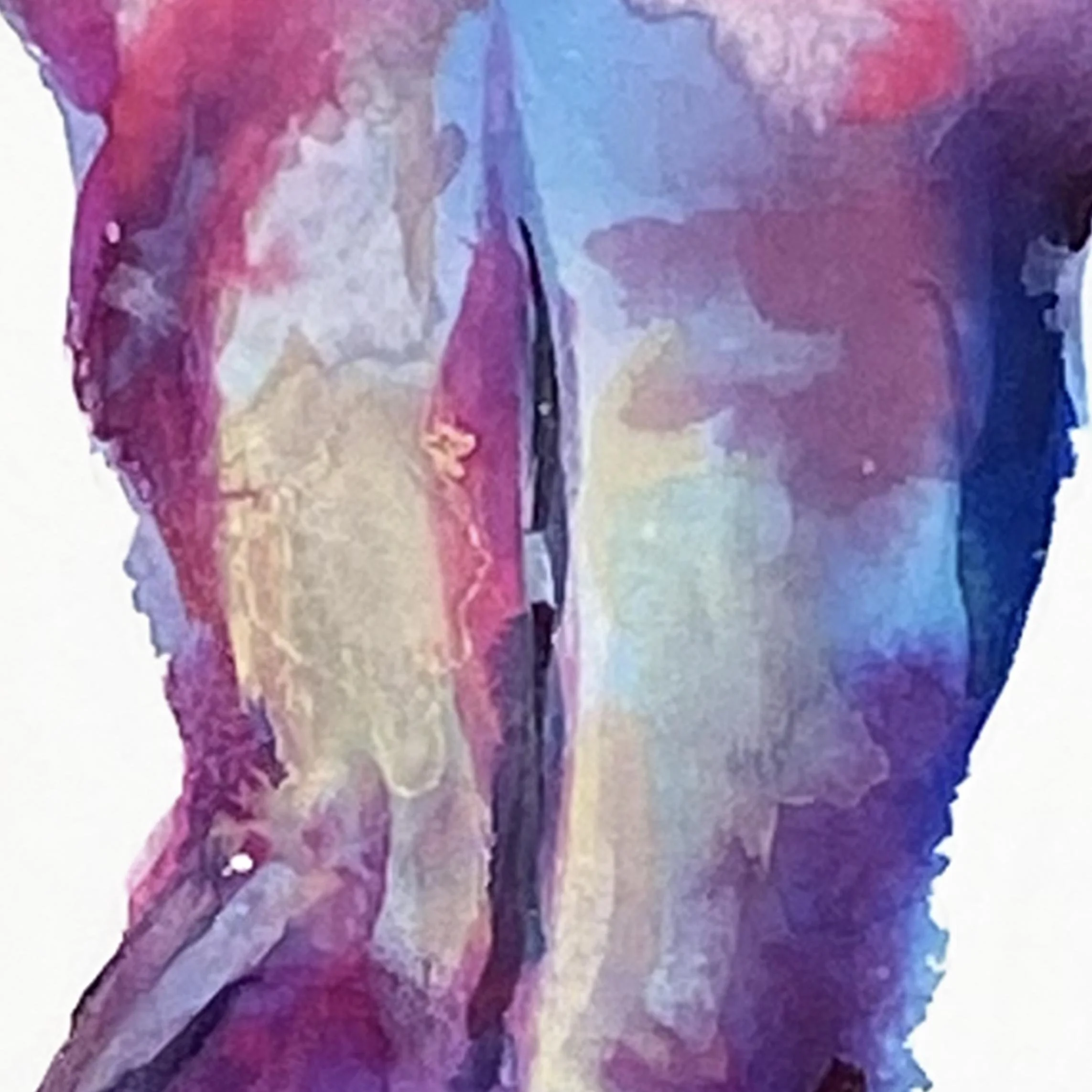 Close-up of “Radiant Elegance,” showing intricate watercolor layers and delicate transitions of mauve, indigo, and light peach across the figure’s back.