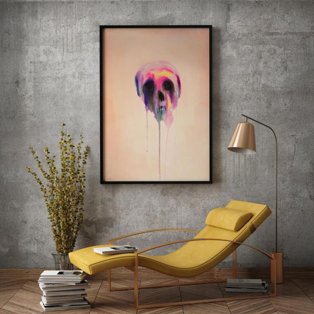 Moody interior with concrete wall and yellow lounge chair under a large framed neon skull painting.