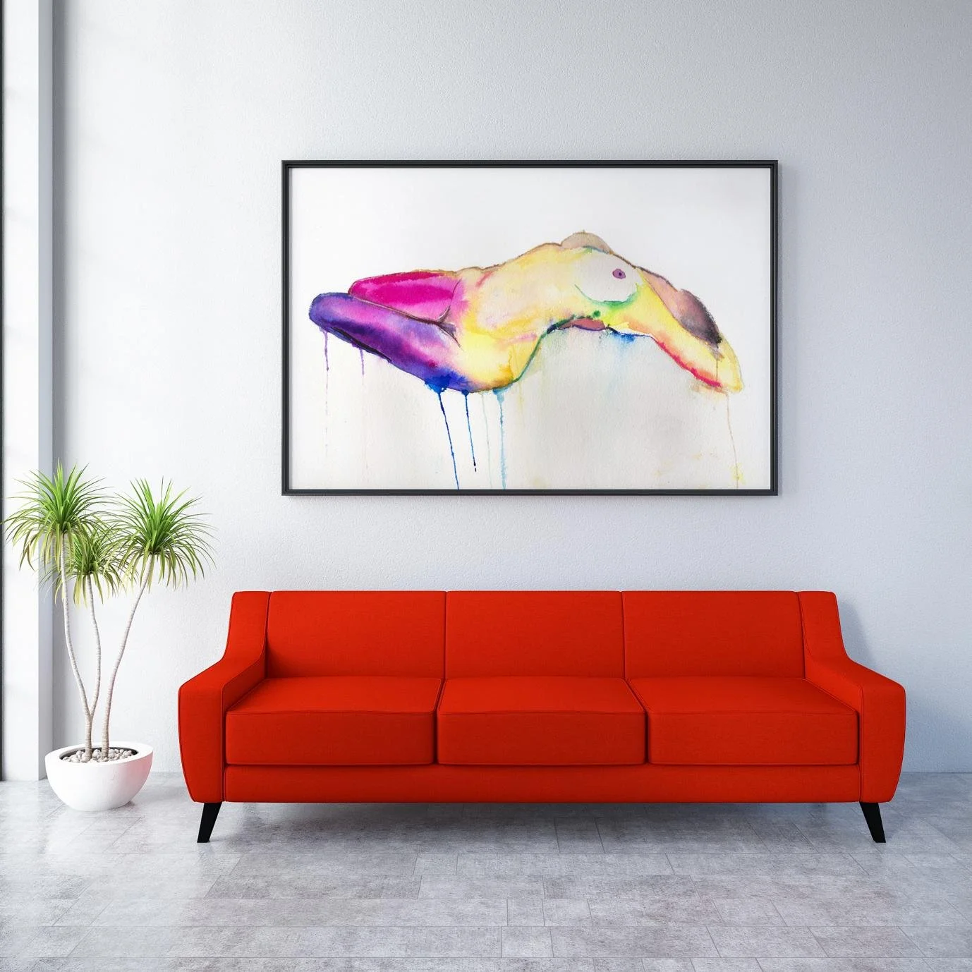 Lady Popsicle framed over a red couch, showcasing its vivid color palette and sensual form in a modern interior setting.