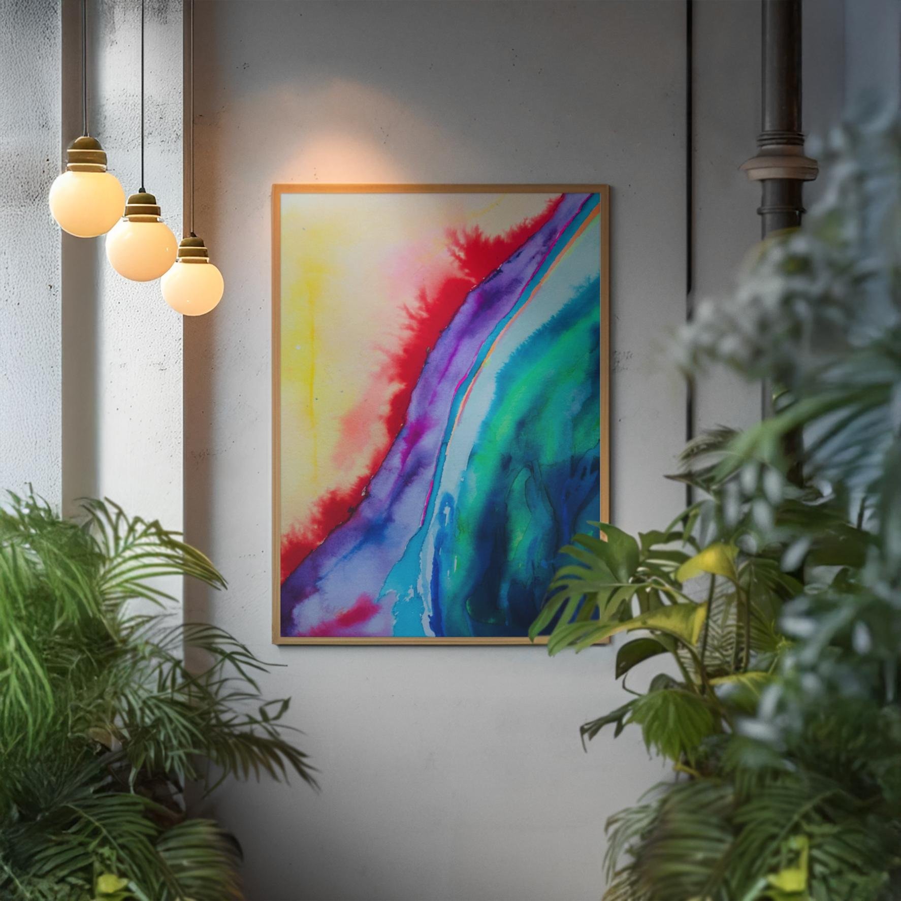 Framed in gold, Red Iris radiates energy in a modern nook with pendant lights and tropical greenery surrounding the abstract wave of color.