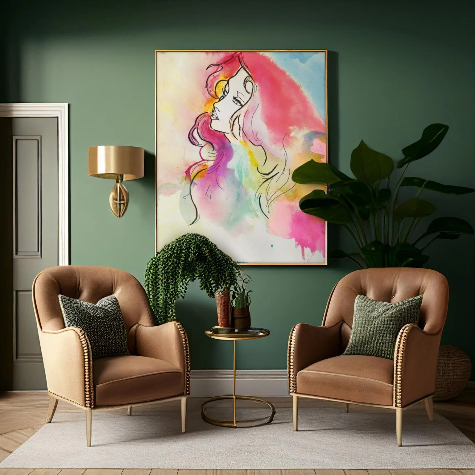 Framed Bliss painting in a chic green interior with elegant chairs and cozy lighting, adding colorful vibrance to the decor.