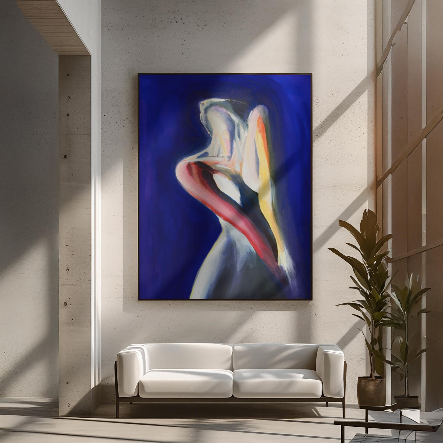 Framed painting “Booty Drip” displayed in a concrete interior with hanging lights and plants, showcasing a bold and sensual abstract female form.