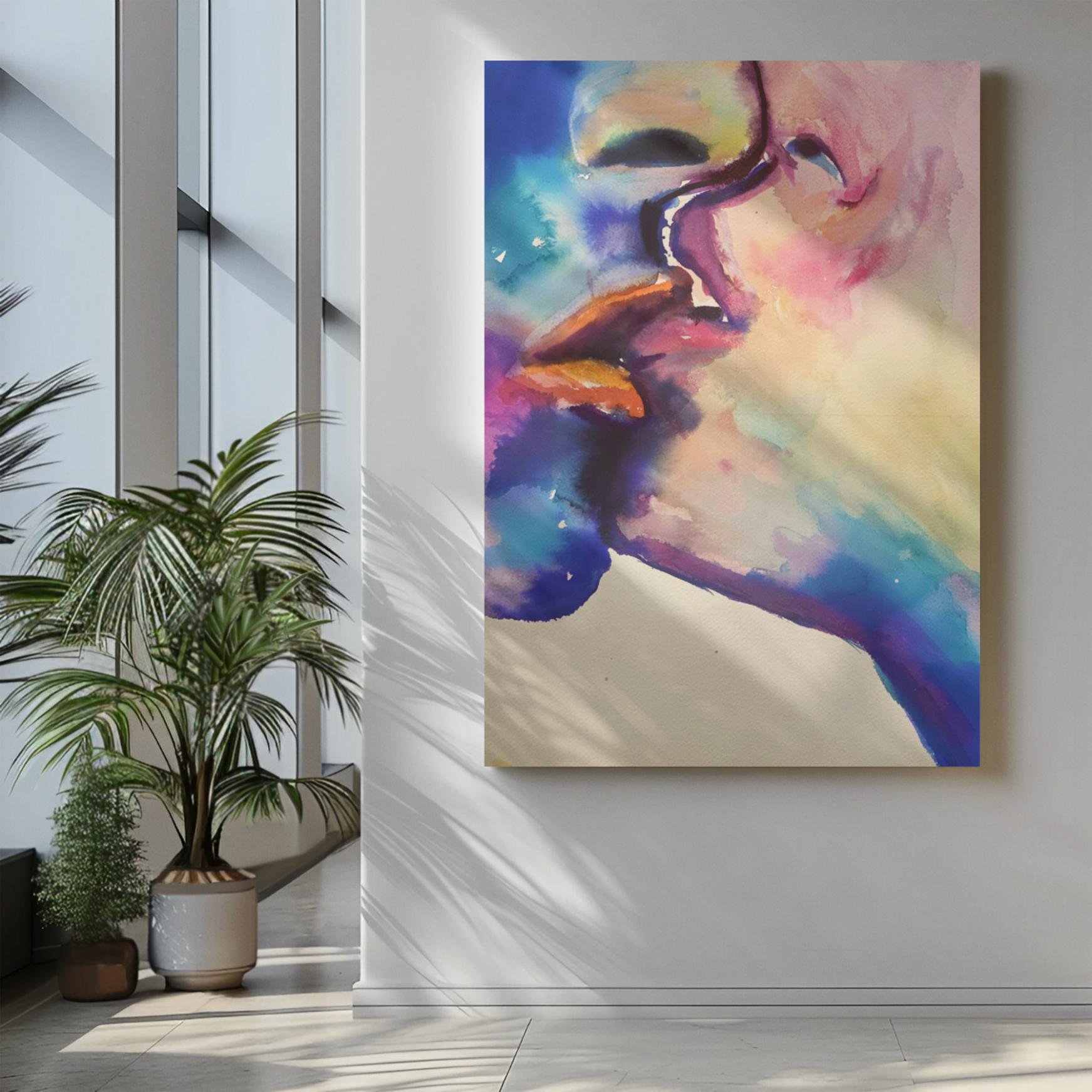 Lustful Bite watercolor artwork glowing with soft light on a hallway wall, surrounded by indoor plants and minimalist decor