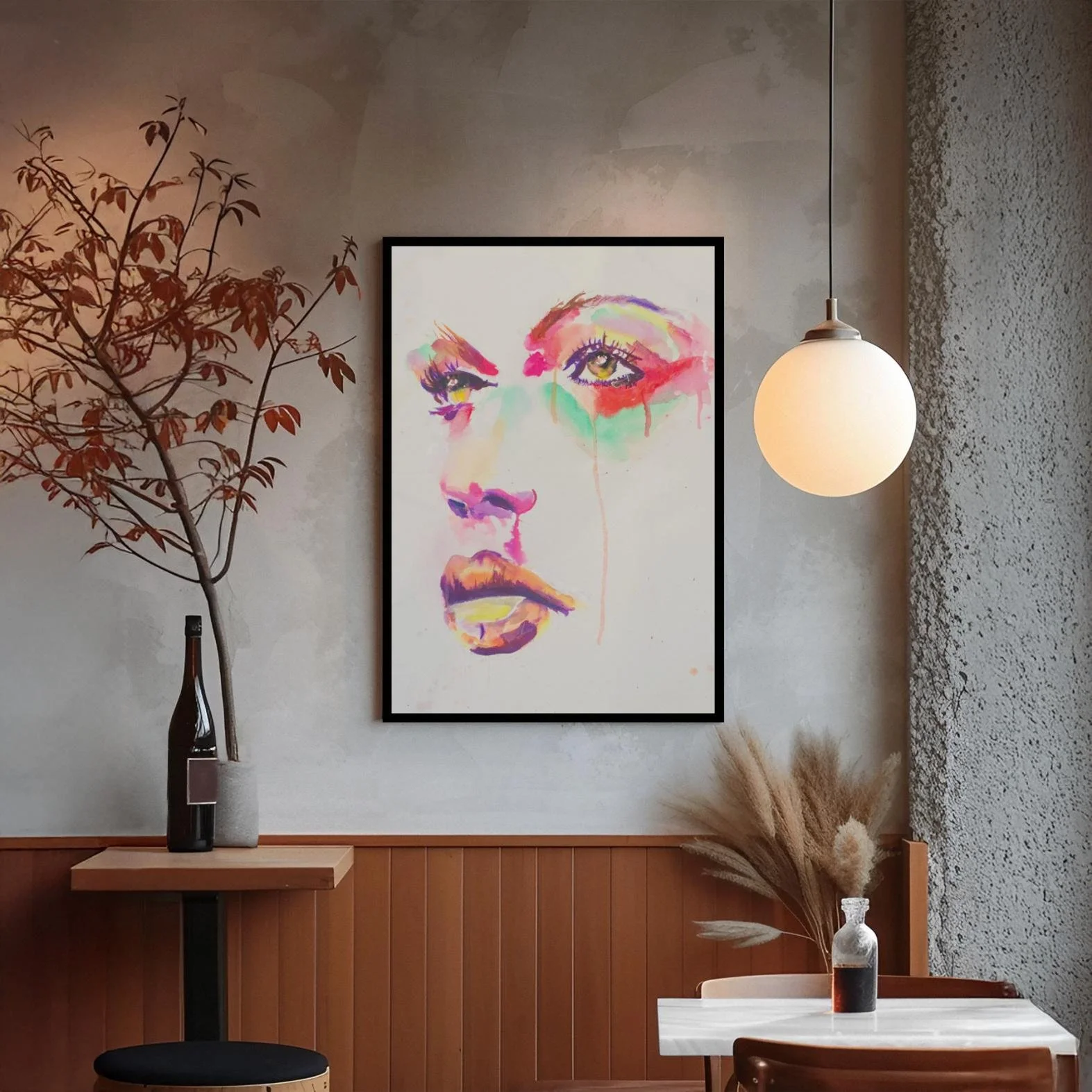 Watercolor face painting with luminous eyes and full lips, blending neon and pastel tones in a fluid, dreamlike wash.