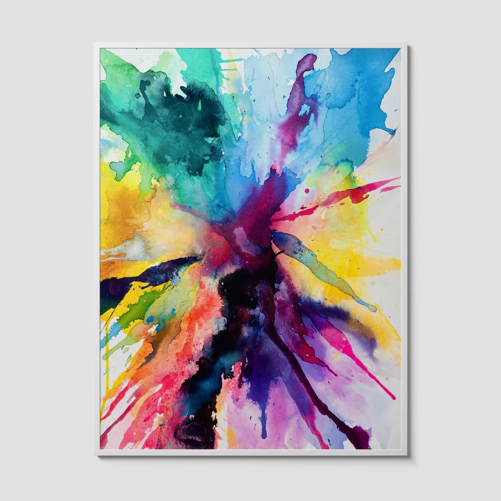 Vibrant abstract watercolor painting titled Festival of Colors, featuring bold splashes of pink, green, yellow, blue, and purple in an explosive composition.