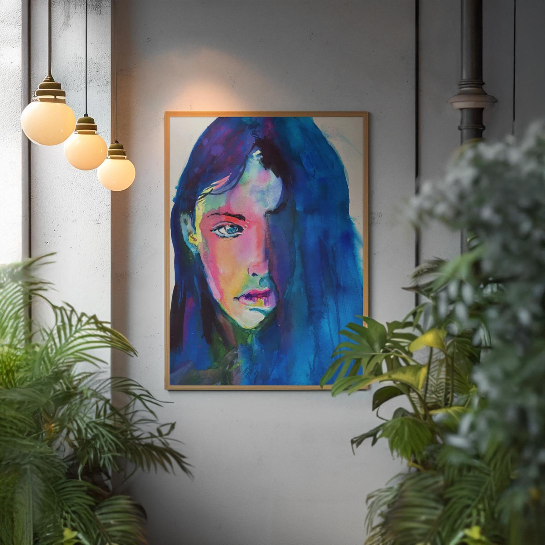 Blue Veil artwork in a modern space with hanging globe lights and lush indoor plants, highlighting its bold, colorful expression.