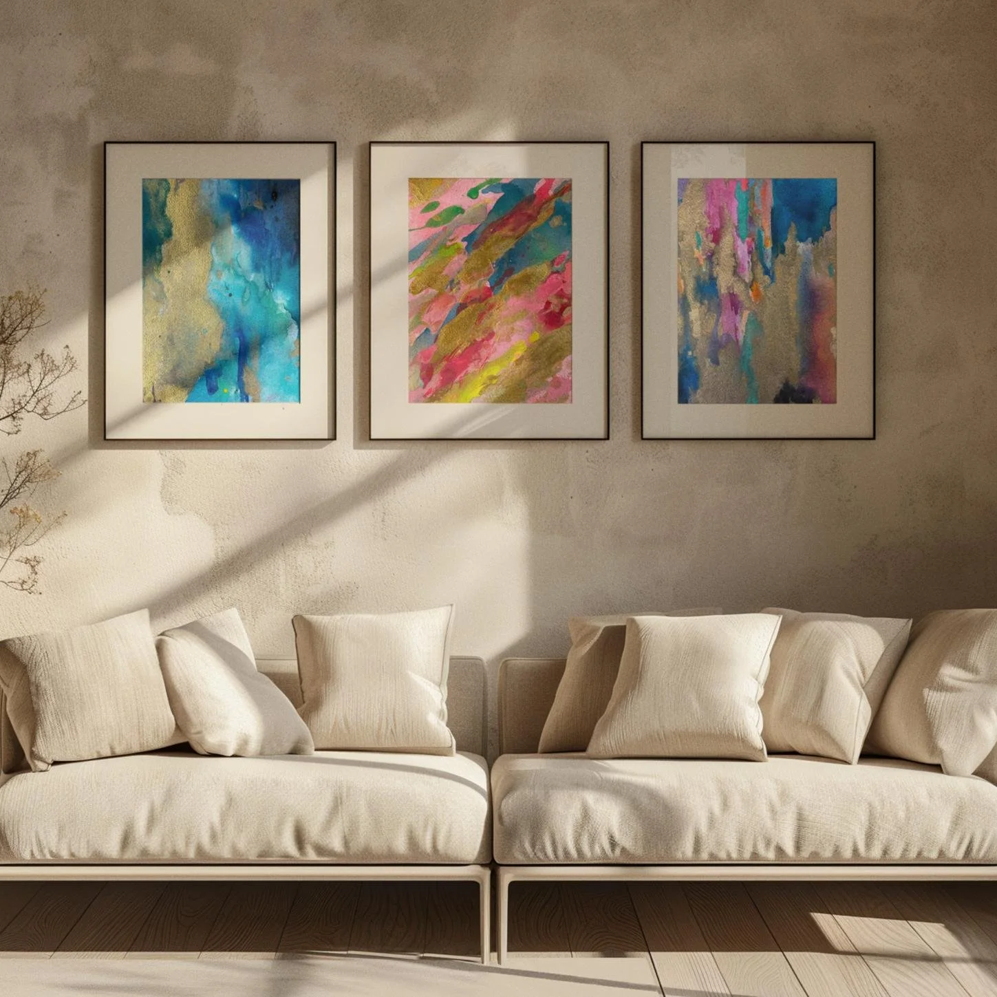 Warm neutral living space with sunlight casting shadows on three framed abstract artworks featuring gold, pink, and blue tones above a plush sofa