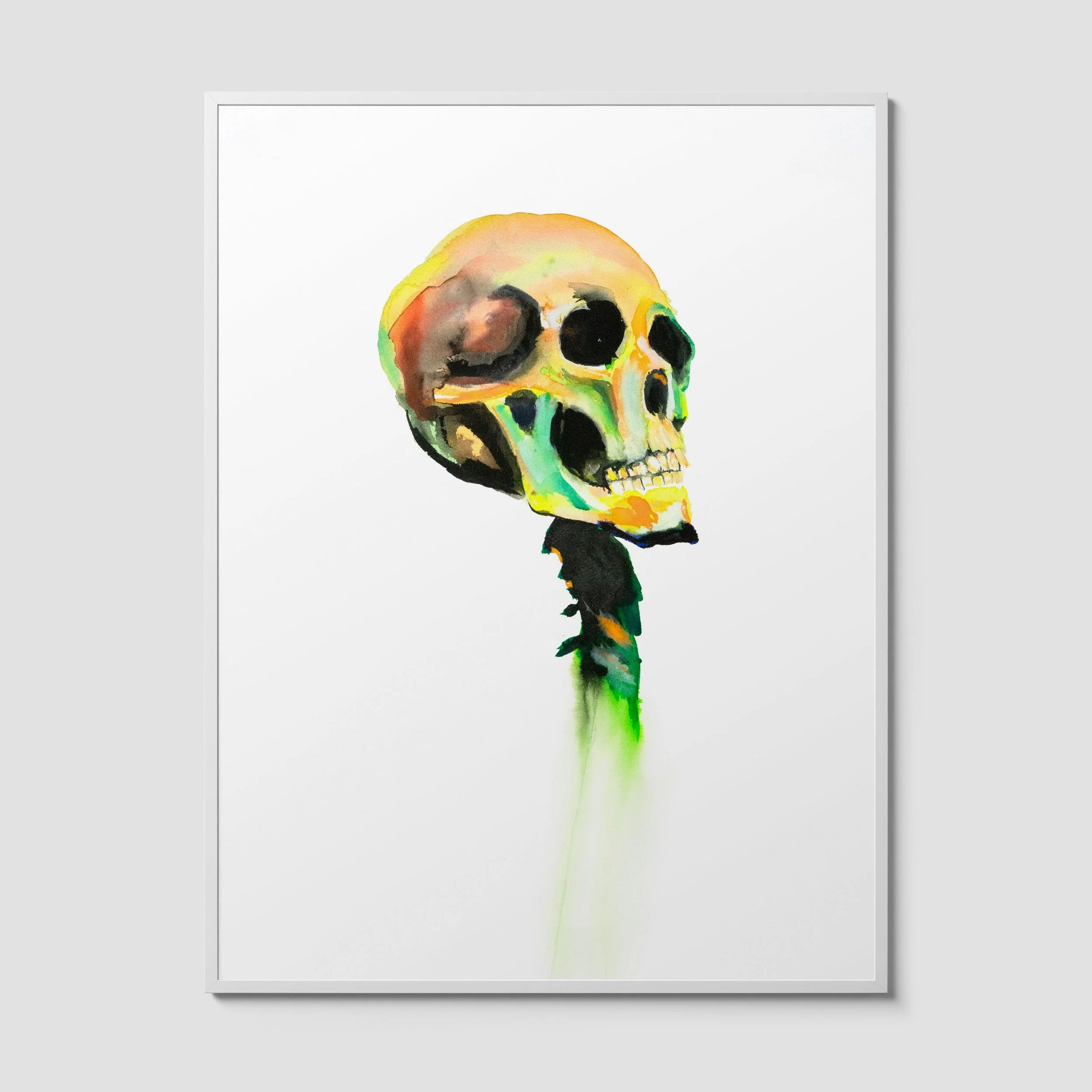 Watercolor painting titled Spine featuring a colorful skull and abstract spine on a white background