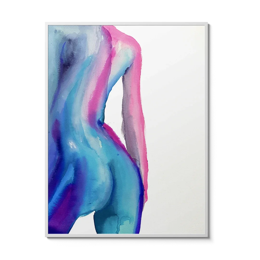 Abstract watercolor painting of a female back in blue, pink, and purple tones, expressing the feminine form by Nick Horvath.