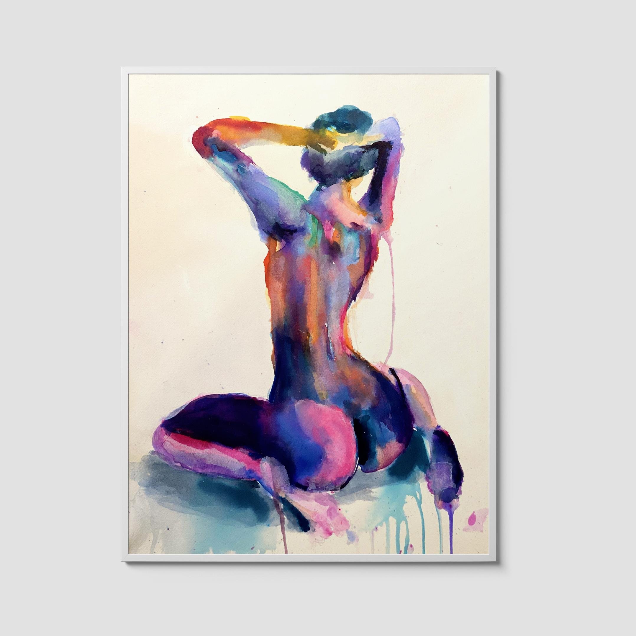 Watercolor painting titled Vivid Desire featuring a colorful seated nude female figure in vibrant pink, blue, and purple tones