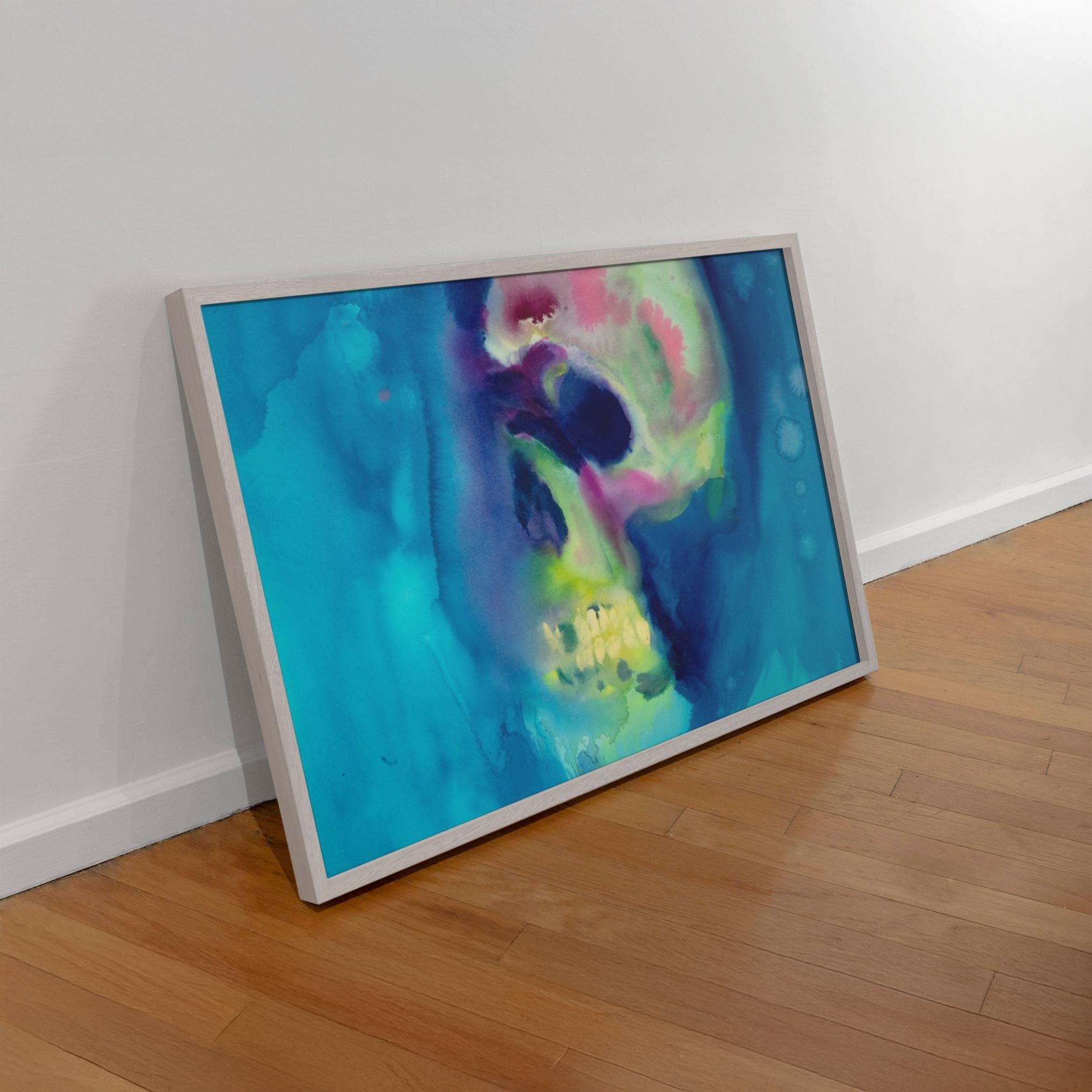 Watercolor skull with dreamy, abstract contours in aqua, neon yellow, and violet tones, evoking an underwater trance.