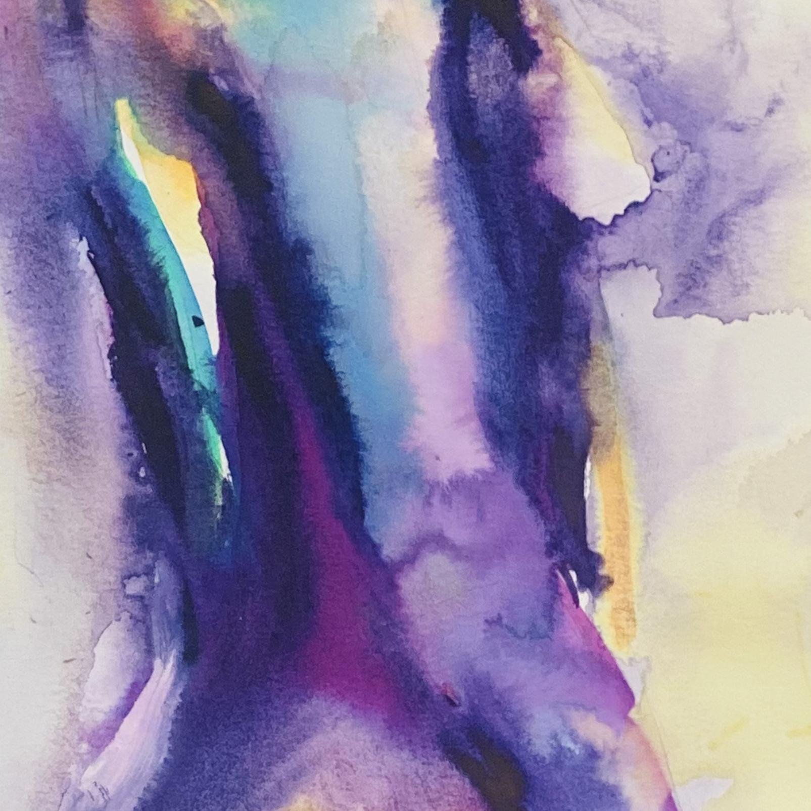 Close-up of layered brushstrokes in deep indigo, teal, and lilac tones, showcasing the delicate blending and texture of the figure’s upper body.