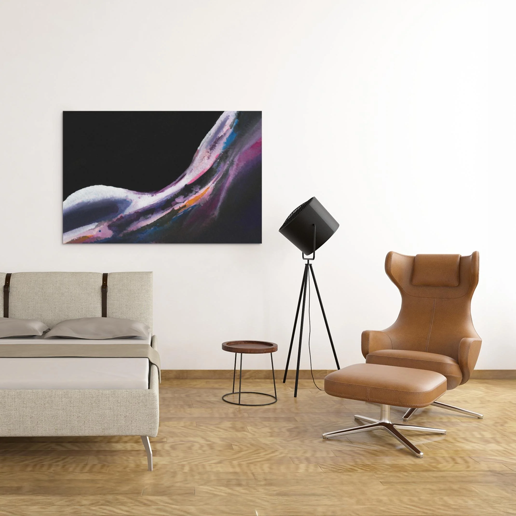 Framed artwork of “Pink Black Back” displayed above a beige bed in a modern bedroom, radiating a bold and elegant vibe.
