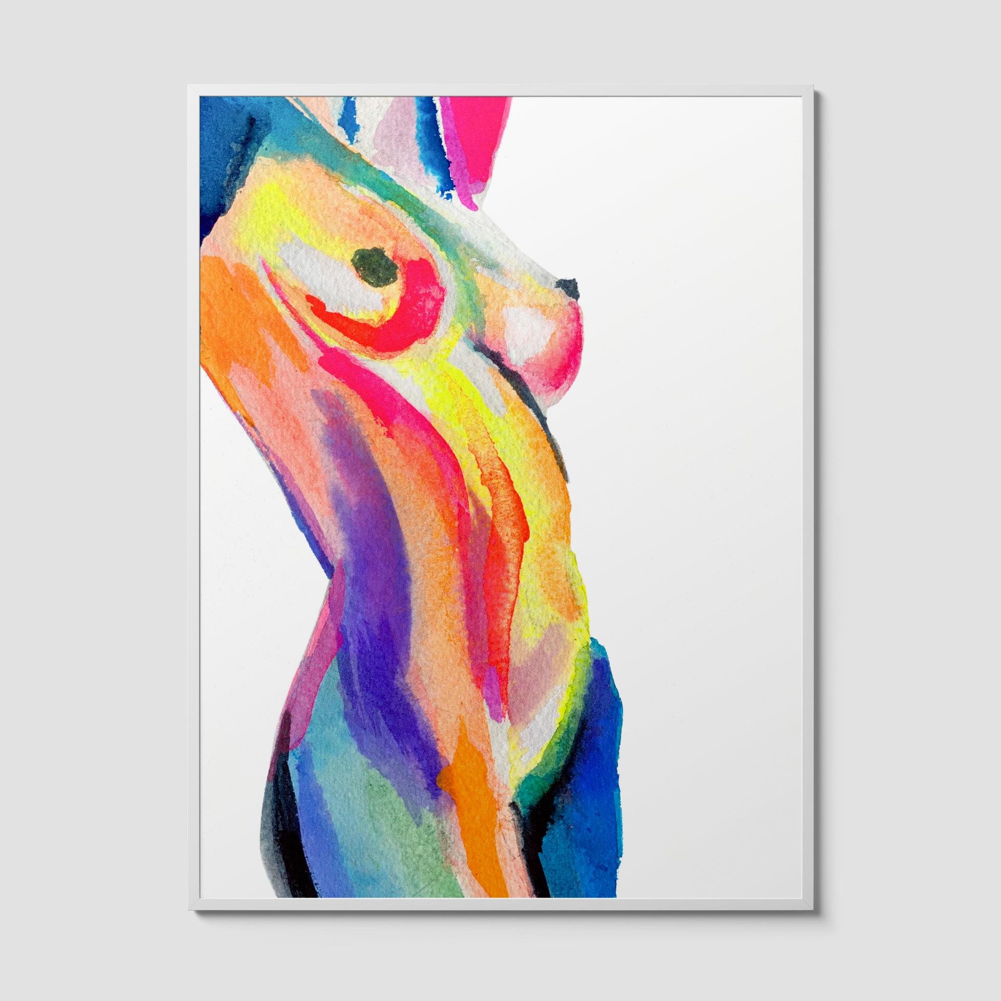 Full Body, a colorful abstract female body watercolor painting by Nick Horvath, featuring bold curves and vivid brushstrokes in pink, orange, purple, and blue.