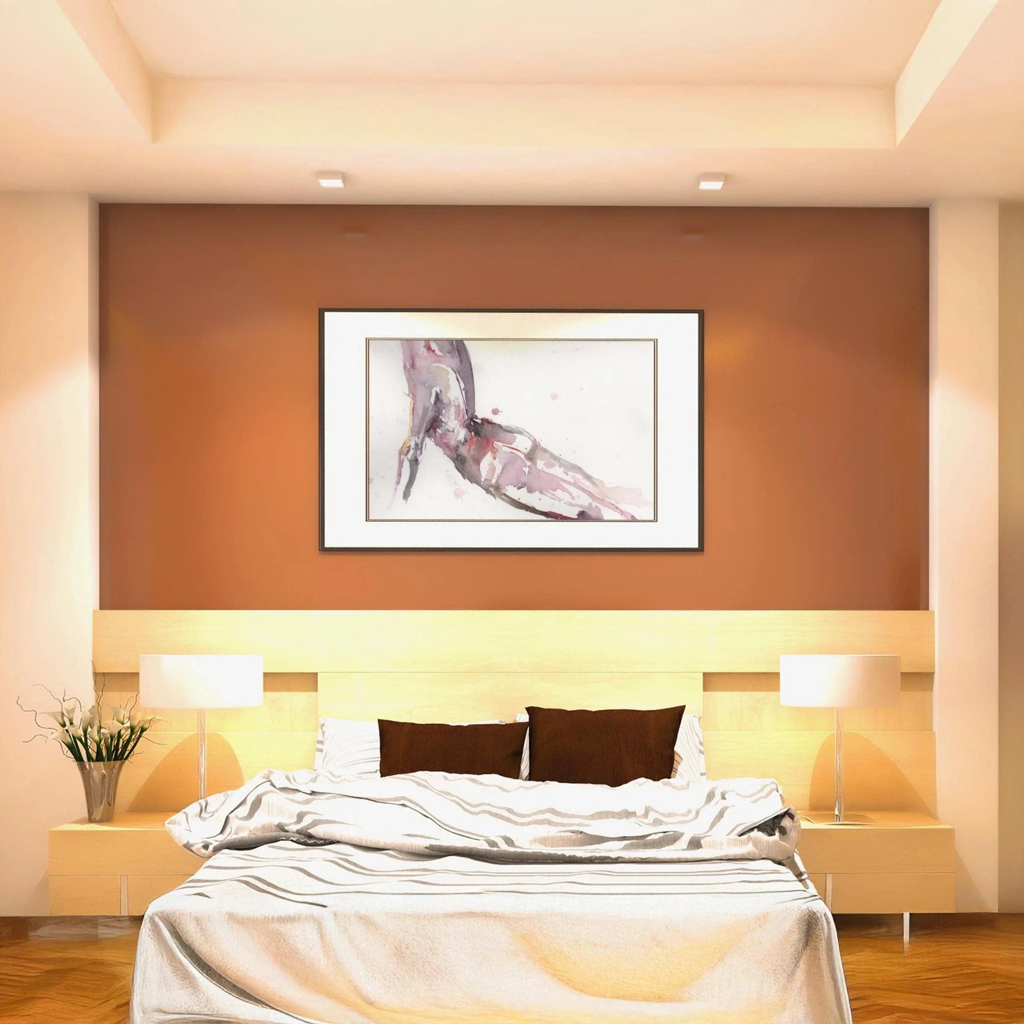 "Seria" painting displayed in a modern interior with hanging pendant lights and lush green plants, adding artistic elegance to the space.