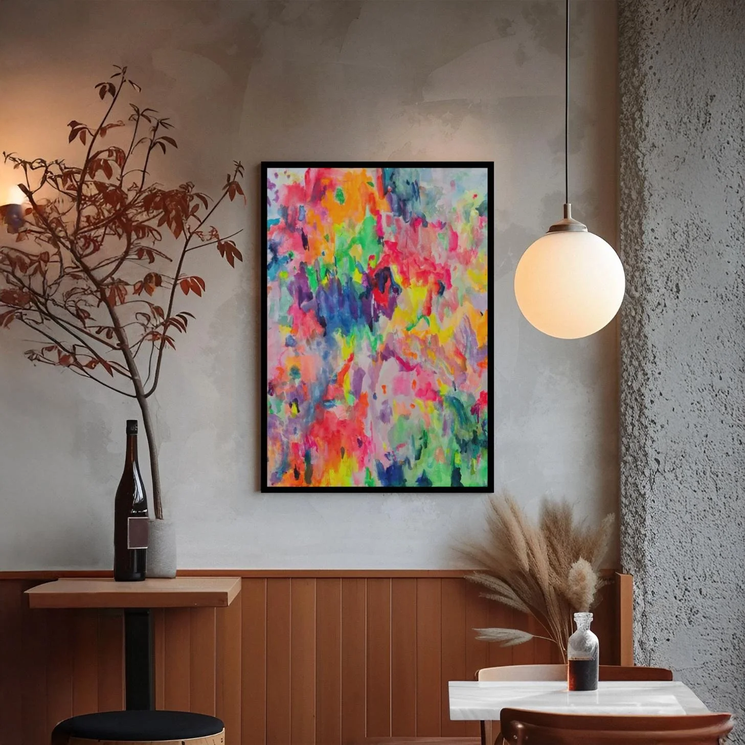 Framed Lucid Garden painting hanging in a cozy, modern café with warm wood accents and ambient lighting