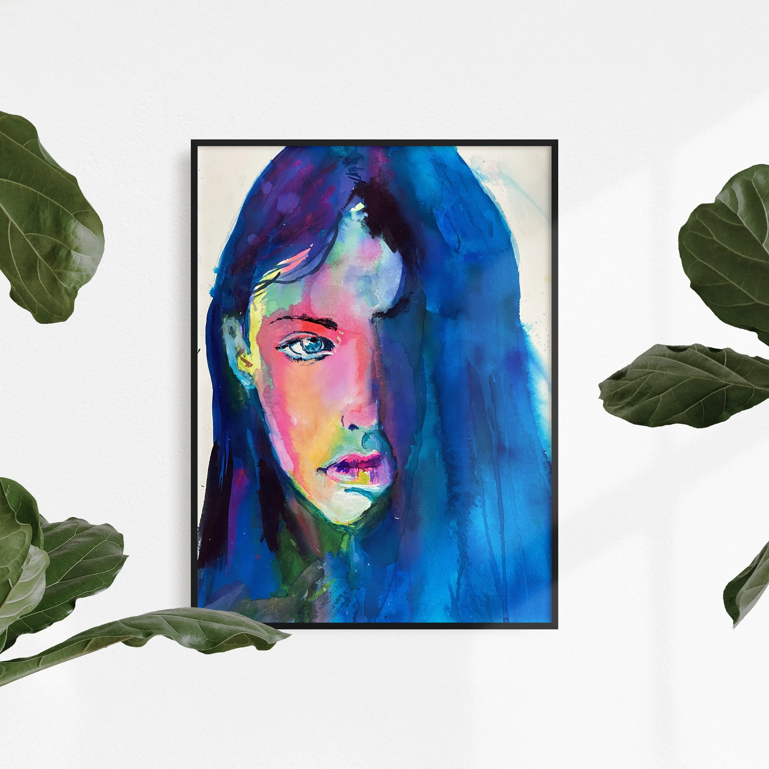 Vibrant watercolor portrait of a woman with expressive blue, pink, and green tones, her face partially veiled by flowing blue hues, framed on a white wall with leafy plants nearby.