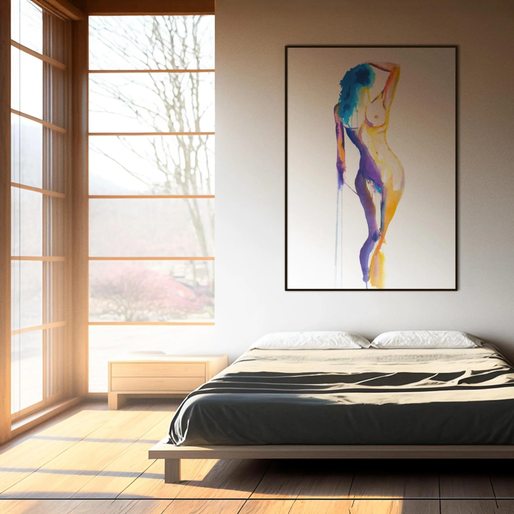 Large “Aura” painting above a bed in a bright, minimalist bedroom. Blue, gold, and violet strokes form a graceful female figure.