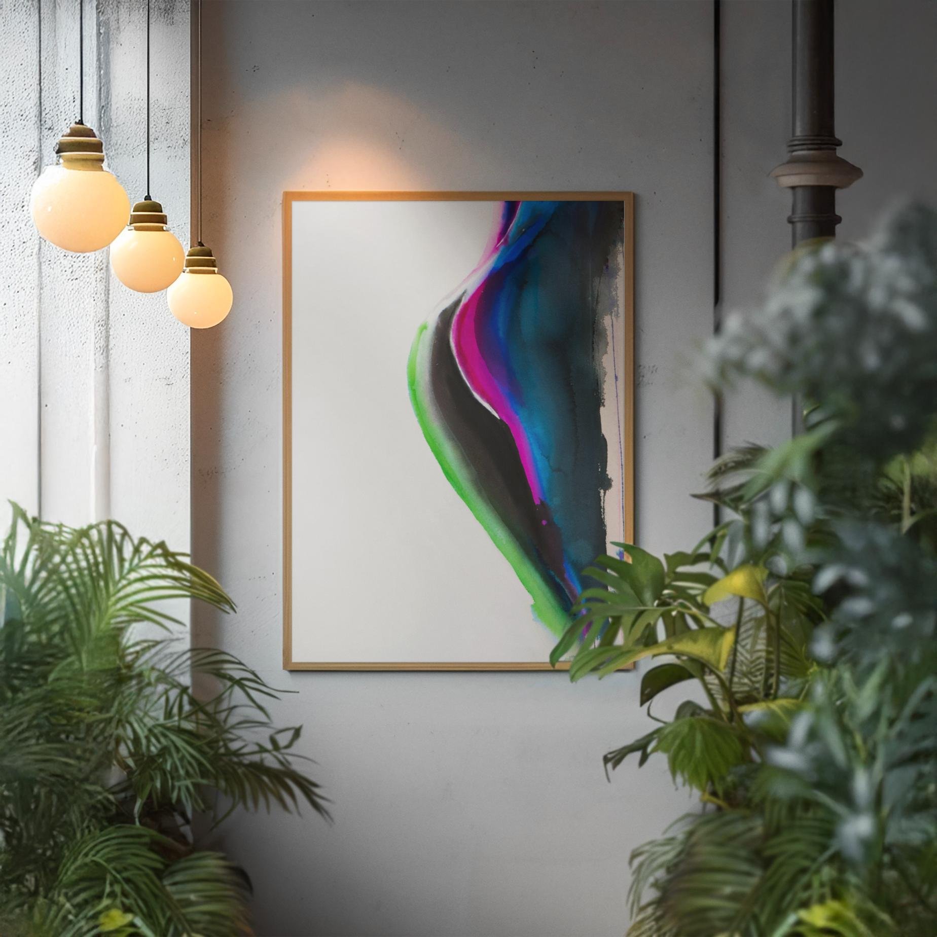 Framed painting “Booty Drip” displayed in a concrete interior with hanging lights and plants, showcasing a bold and sensual abstract female form.