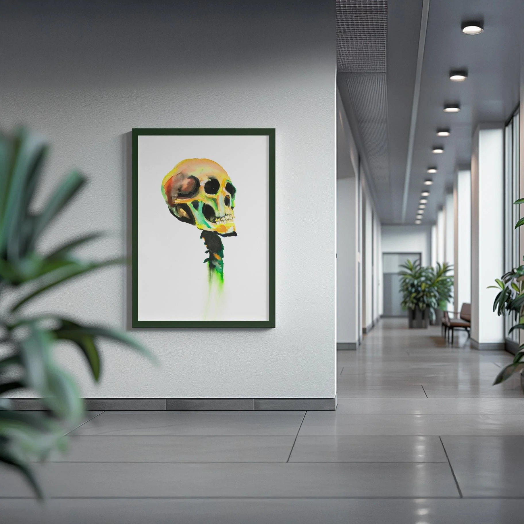 Colorful skull artwork displayed in a sleek hallway, where natural light and clean architecture amplify its haunting glow.