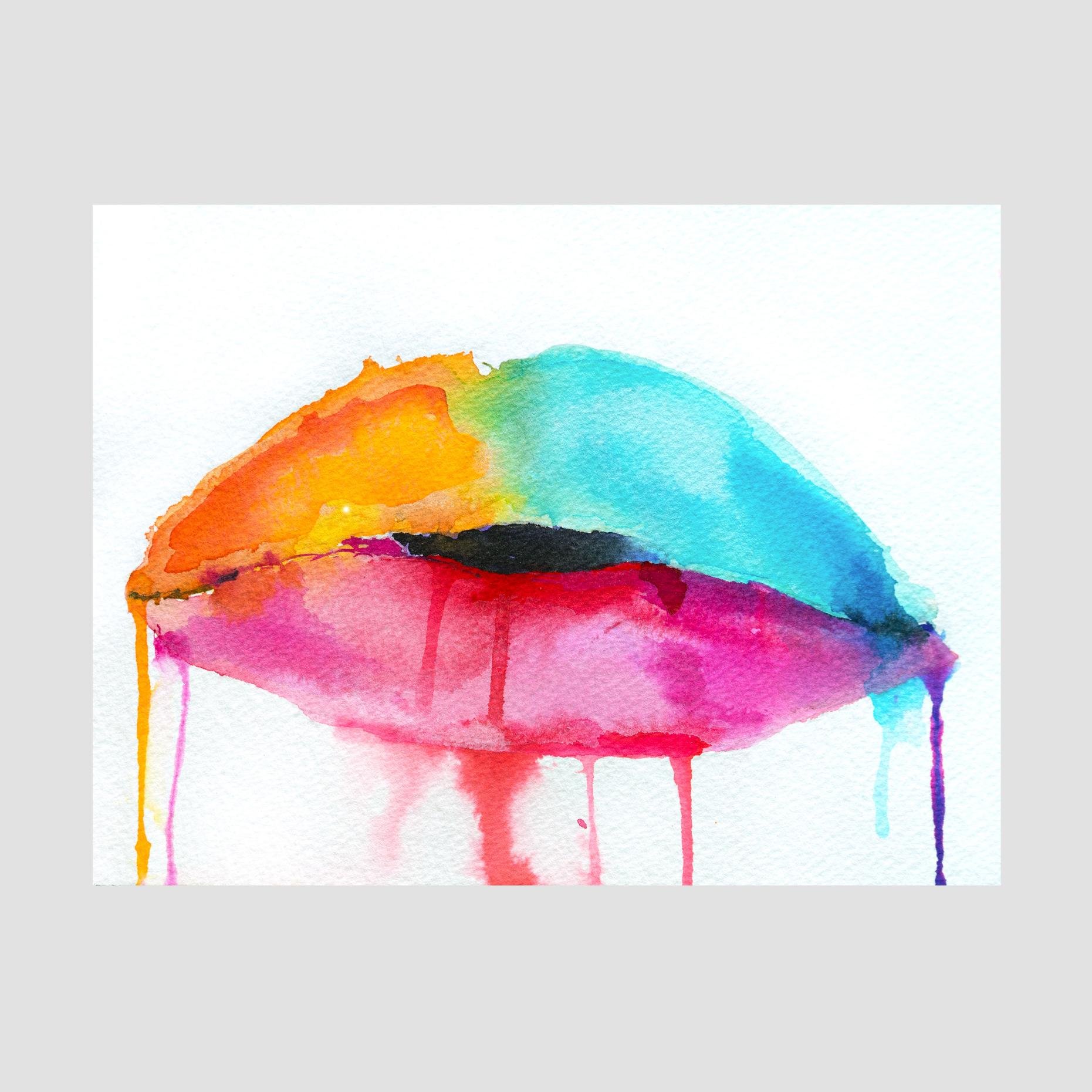 Colorful watercolor lips in turquoise, magenta, orange, and yellow drip down in expressive strokes, giving a playful, sensual energy.