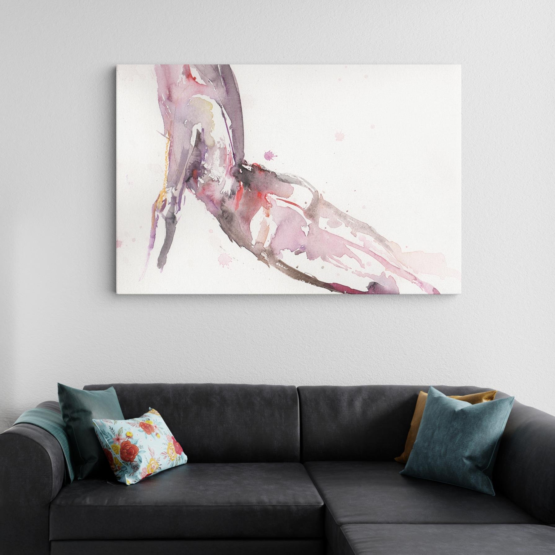 Bold and colorful nude painting "Seria" featured in a contemporary bedroom with large windows and natural light.
