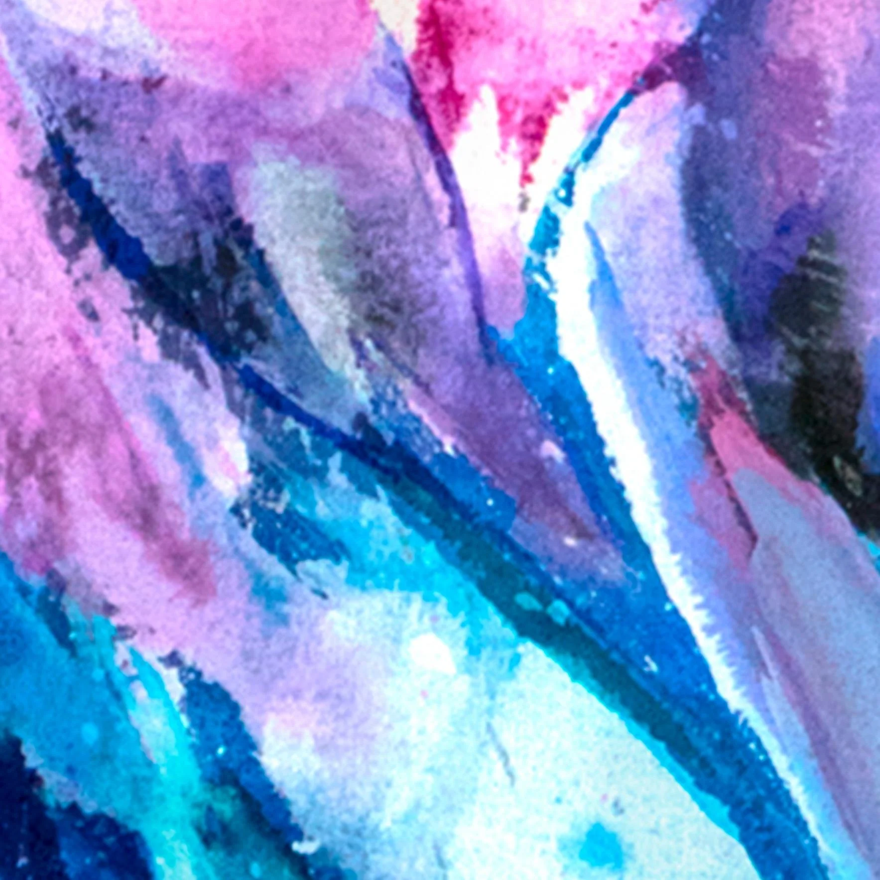 Close-up of “Lotus,” highlighting expressive brushstrokes and layered watercolor textures in shades of pink, purple, and turquoise.