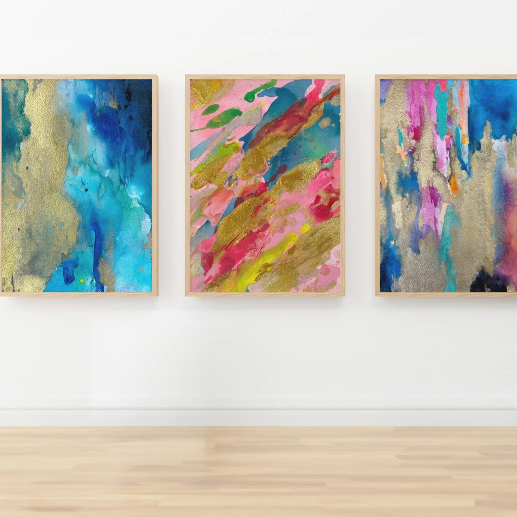 Colorful abstract triptych painting with magenta, teal, blue, and gold textures from Series 3